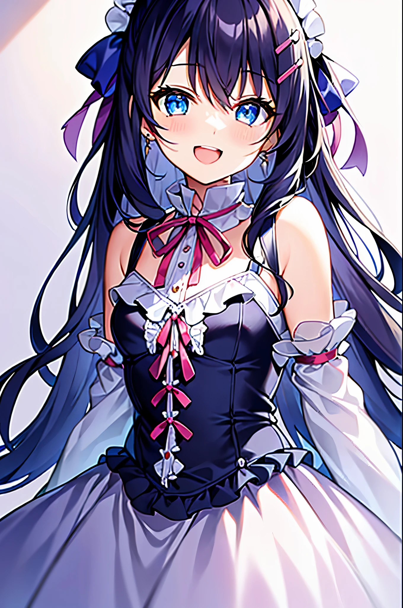 (((masterpiece))) (((highest quality))), (((beautiful))), (((8K))), (((High resolution))), (1 girl:1.3), (child:1.5), (Lori:1.2), (Dark blue straight long hair:1.3), (very long, Dark blue sideburns), (Very wide parted dark blue bangs:1.3), (Simple hair clip:1.4), (Ahoge:1.4), (small blue eyes:1.2), (slightly droopy eyes:1.3), (Super thick sideburns and super long sideburns:1.1), (Ultra-flat chest:1.4), (extremely small breasts:1.4), (smile:1.3), (A dress with lots of frills:1.4), (Ribbons and frills:1.5), (party venue:1.3), (Cowboy Shot:1.5)