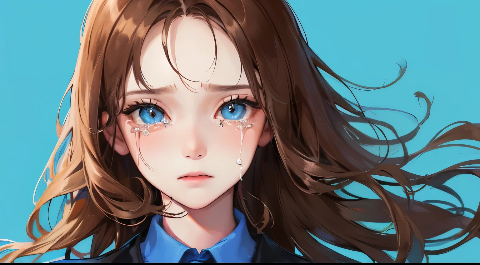 (((One Girl)))、Masterpiece,best quality, ((tears))), (((Blue Shirt)))、、((solid color background)),determined expression, upper body diagram、((one person))、 (Highest Resolution、Clear_image)、Best Quality、Light and shadow contrast、((illumination))、Very detailed、Semi-realistic、short hairstyle、Brown Hair、bangs、19 years old、 Lady,,young、((View from top))、Delicate Facial Features