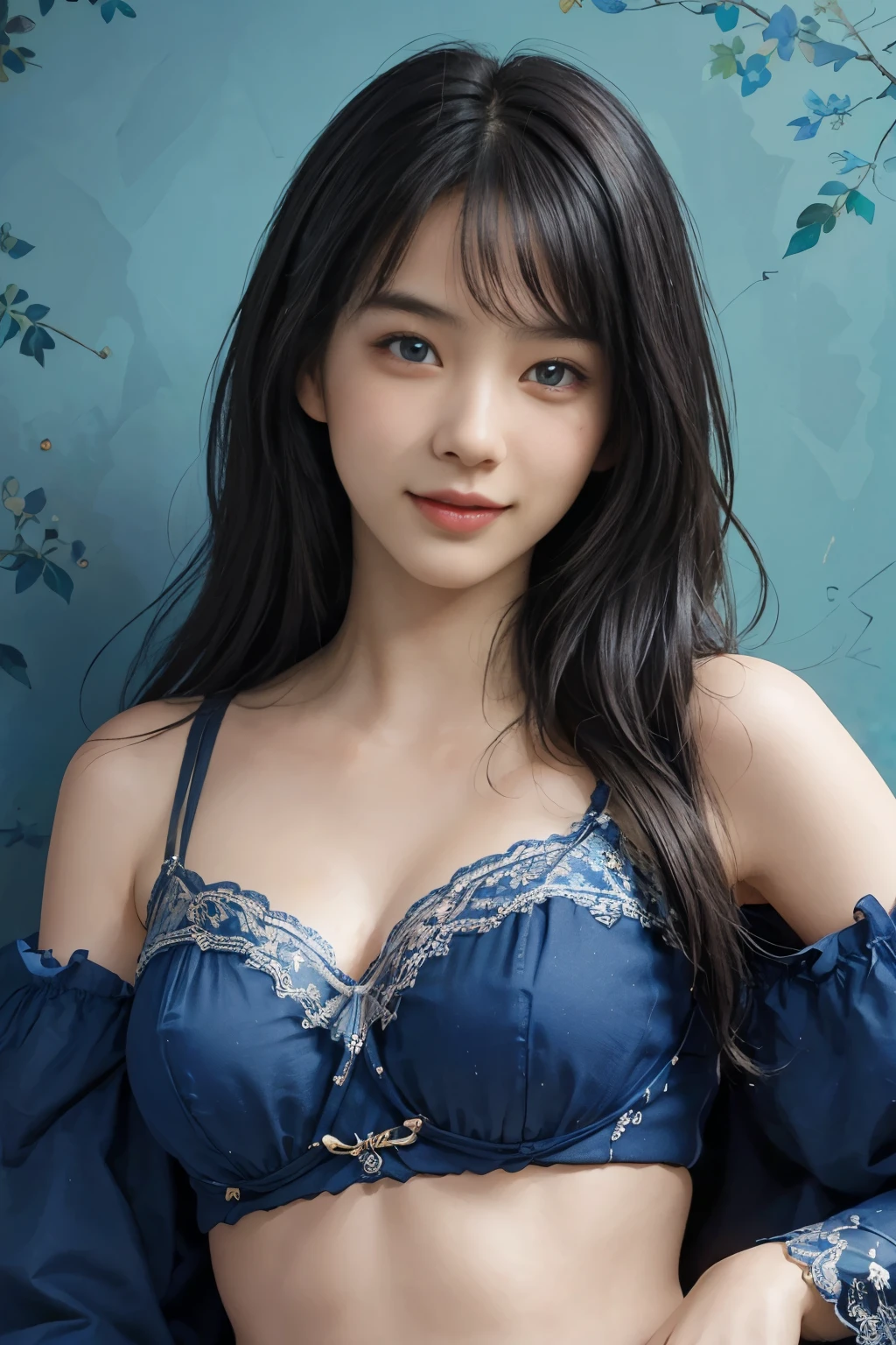 (A hyper-realistic), (illustration), (hight resolution), (8K), (highly detailed), (The best illustrations), (detailed face), (beautiful detailed eyes), (top-quality), (​masterpiece), (wall-paper), Upper body close-up, long hair,inner colored, solo, Girl in simple blue underwear, plump breasts, smile