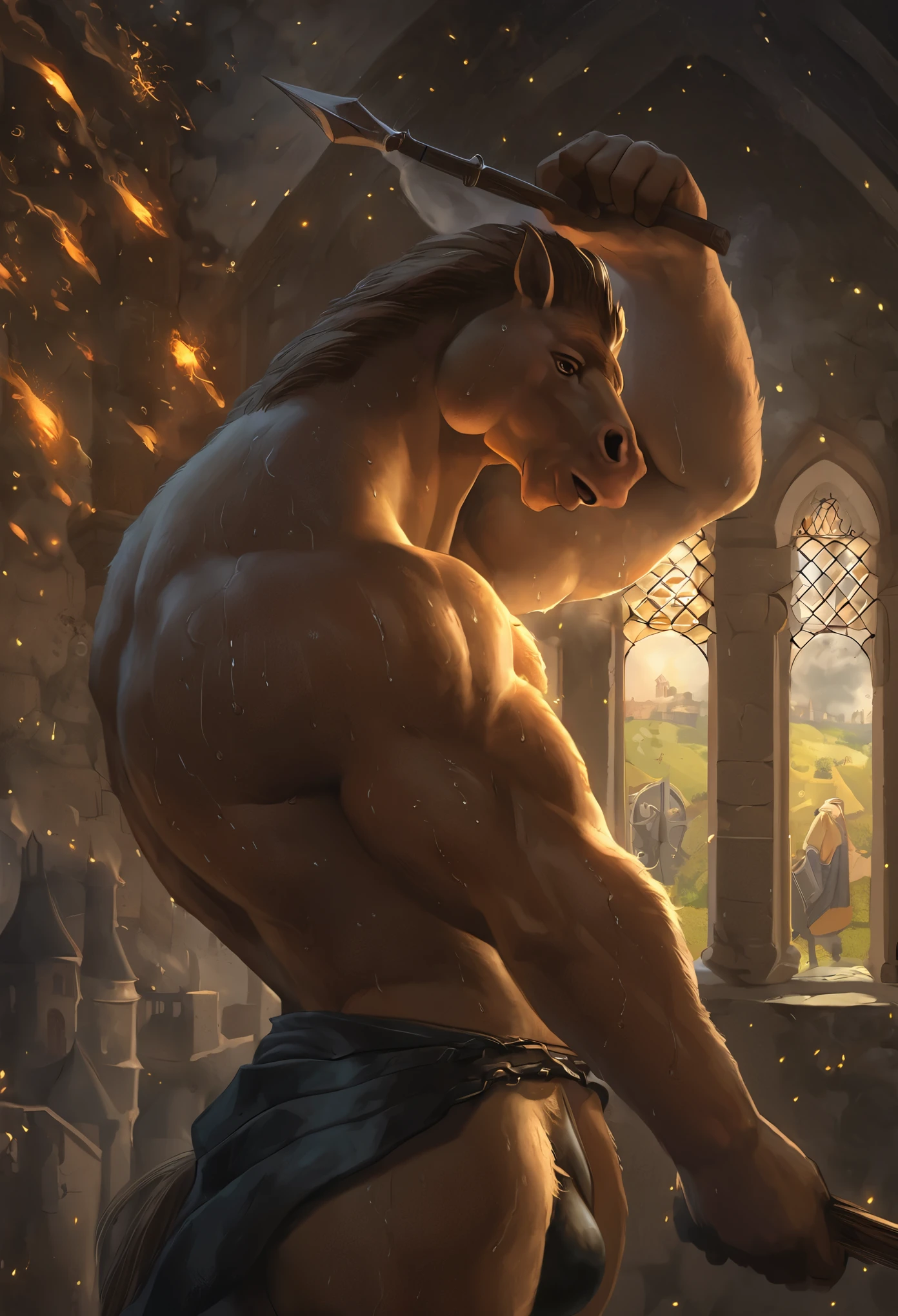 top quality, high-quality illustrations, the beautiful depiction of light seen in Vermeer's works, the intricate portrayal of muscles found in Michelangelo's works, Landscapes inspired by biblical themes depicted by Leonardo da Vinci, masterpiece, dark fantasy, castle, gatekeeper, absurdres, Perfect Anatomy((kemono, beastman, solo focus, bulge in the crotch))(Anthro:1.7)((horse facial features, horse body features))(detailed muscles))full body(Fighting Pose) Armor, Spear, Medieval Warrior, (dense sweat:1.4), casting lightning, electricity, swirling fire, radiating power, sparks, smoke, magic, ((dramatic)), epic, battlefield, depth of field, bokeh, 4k, gothic, ember, particles,