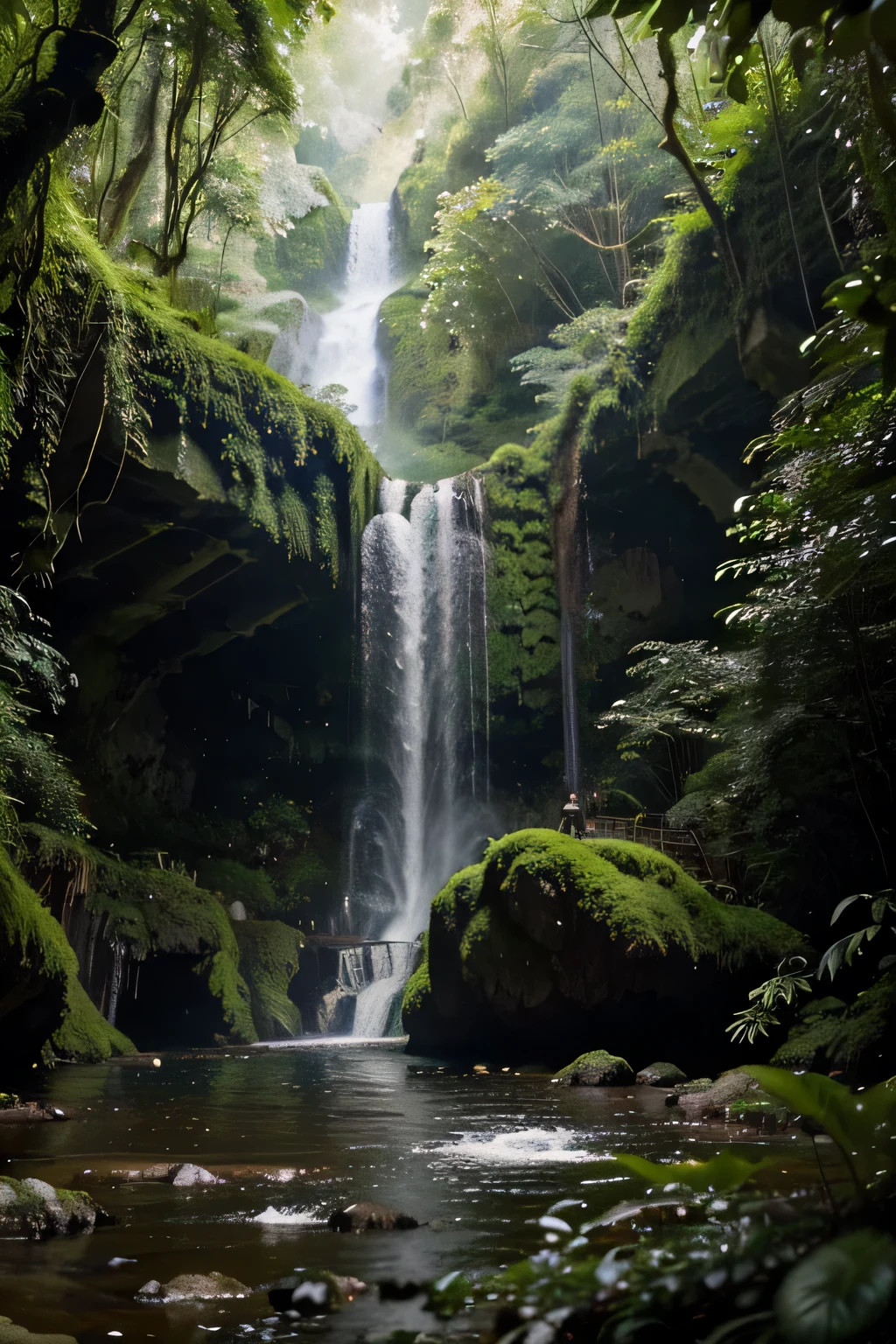 there is a waterfall in the middle of a forest with moss, forest and waterfall, peaceful beautiful waterfall, stunning waterfall, beautiful and mysterious, lush mossy canyon, beautiful stunning waterfall, beautiful jungle, mysterious canyon streams, magical environment, beautiful jungle landscape, waterfall cave, deep jungle from another world, nature wallpaper, mystical setting, majestic nature scenery, cave with waterfall
