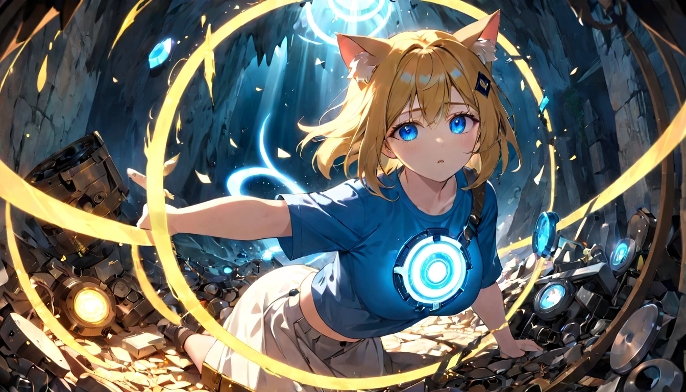 (masterpiece, best quality, very aesthetic, absurdres,general) ,
destroy,Cat ear,clear eyes,artificial intelligence,Glowing magic circle,Sad expression, beautiful girl, medium breasts, blue cut shirt,cave,the sun shining in the center,Throwing things around, piles of mechanical junk, junk, chaos.