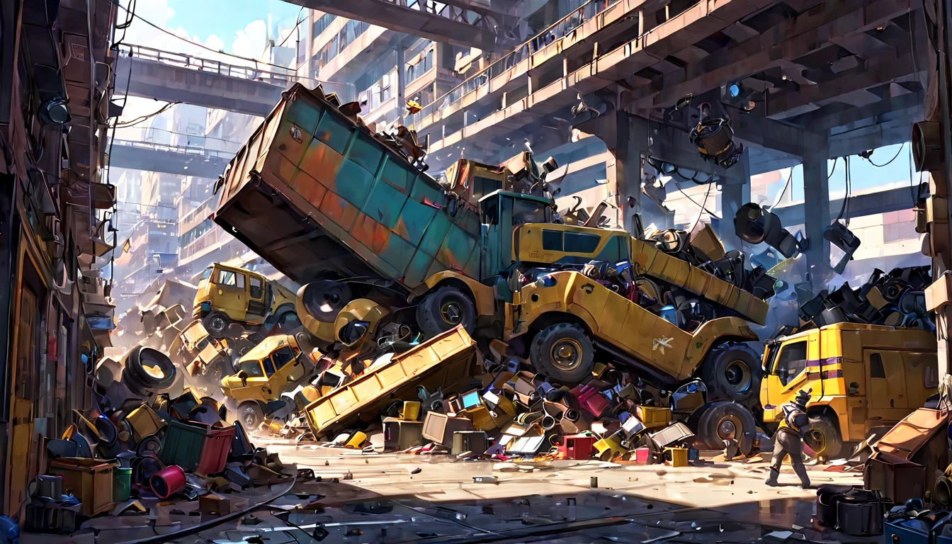 Throwing things around, piles of mechanical junk, junk, chaos.