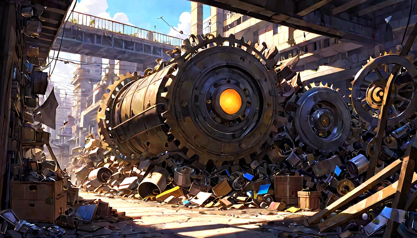 Throwing things around, piles of mechanical junk, junk, chaos.,(sun,0.8)