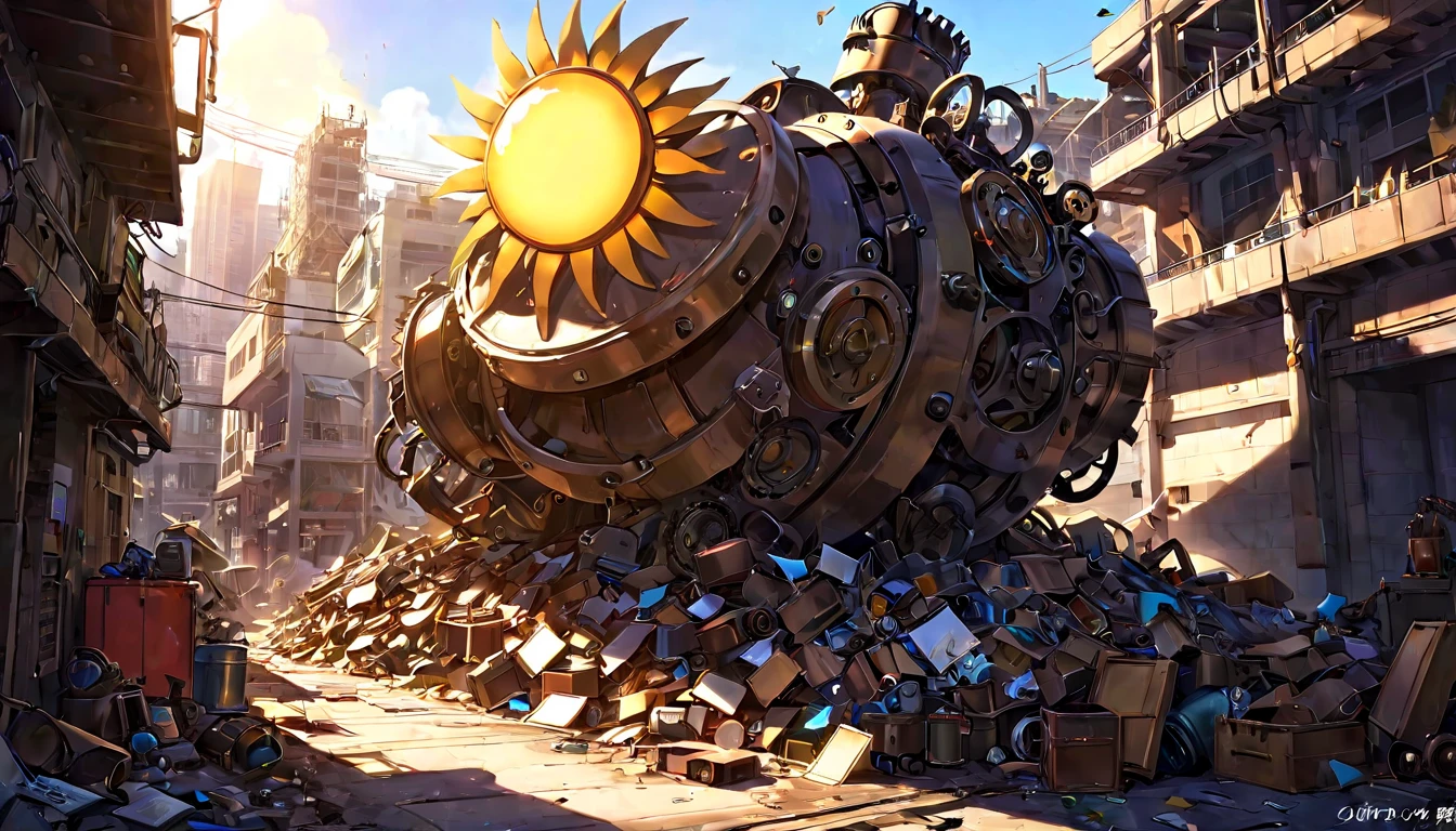 Throwing things around, piles of mechanical junk, junk, chaos.,(sun,0.8)