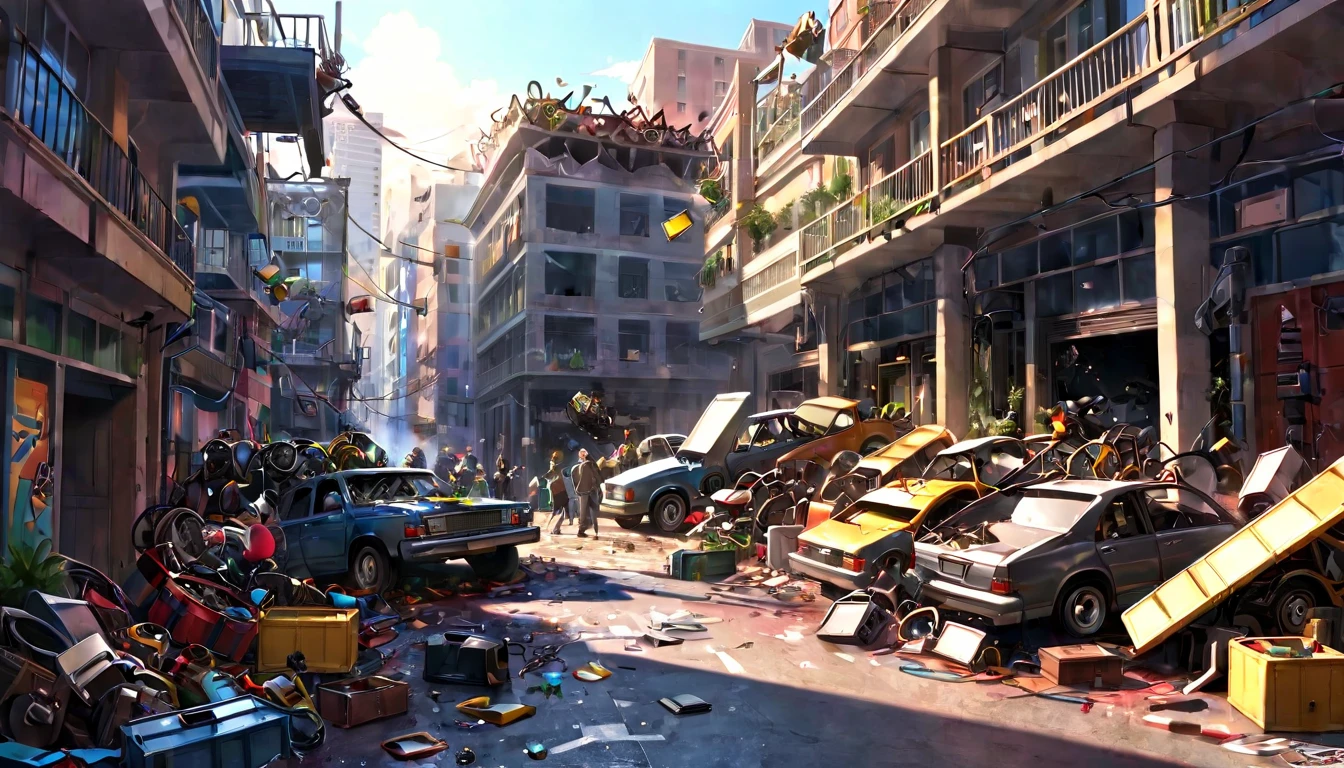 Throwing things around, piles of mechanical junk, junk, (chaos:2.5)