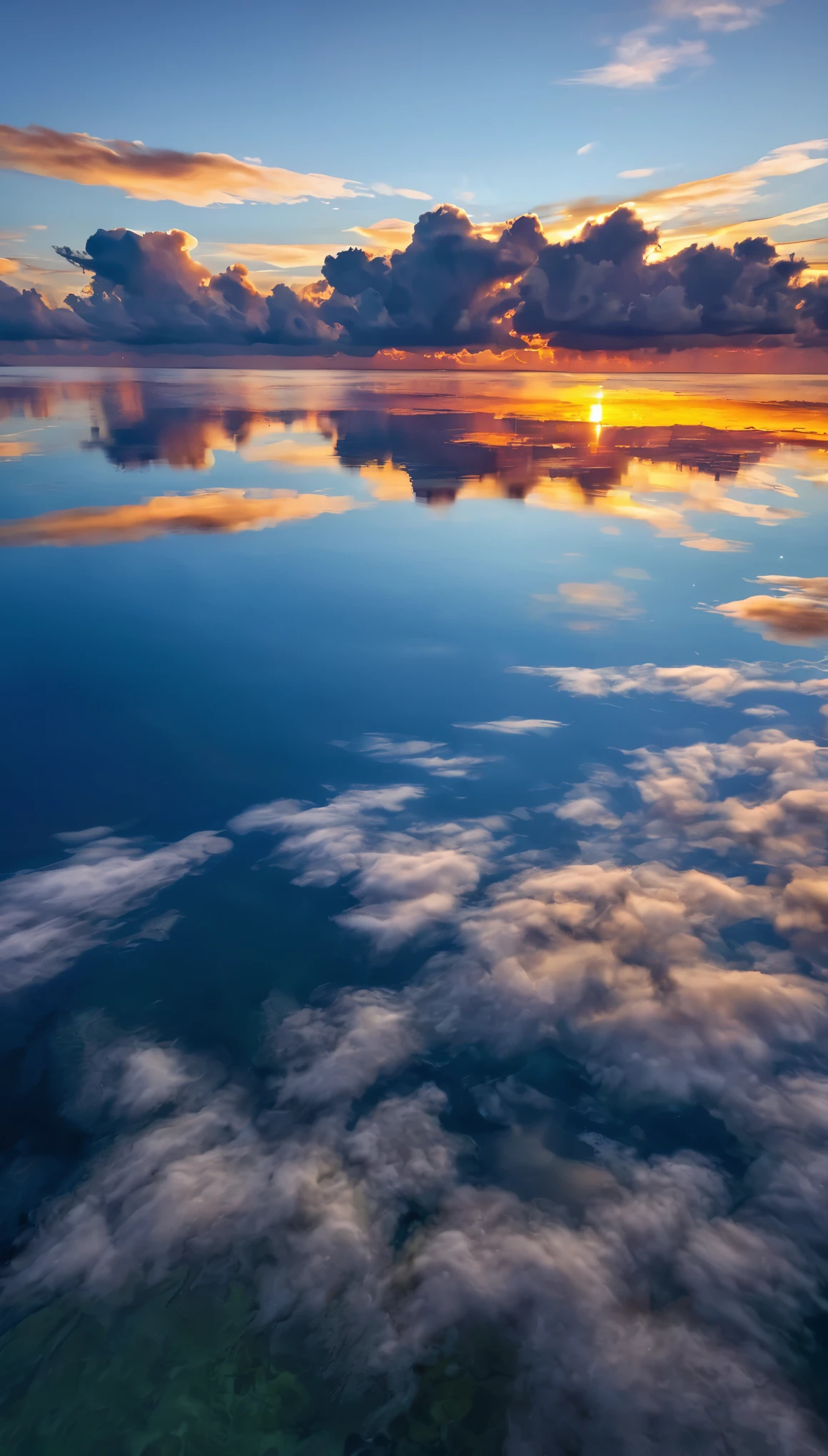 A breathtaking view of a sunset or sunrise, with the sky and clouds reflecting on a calm body of water below.