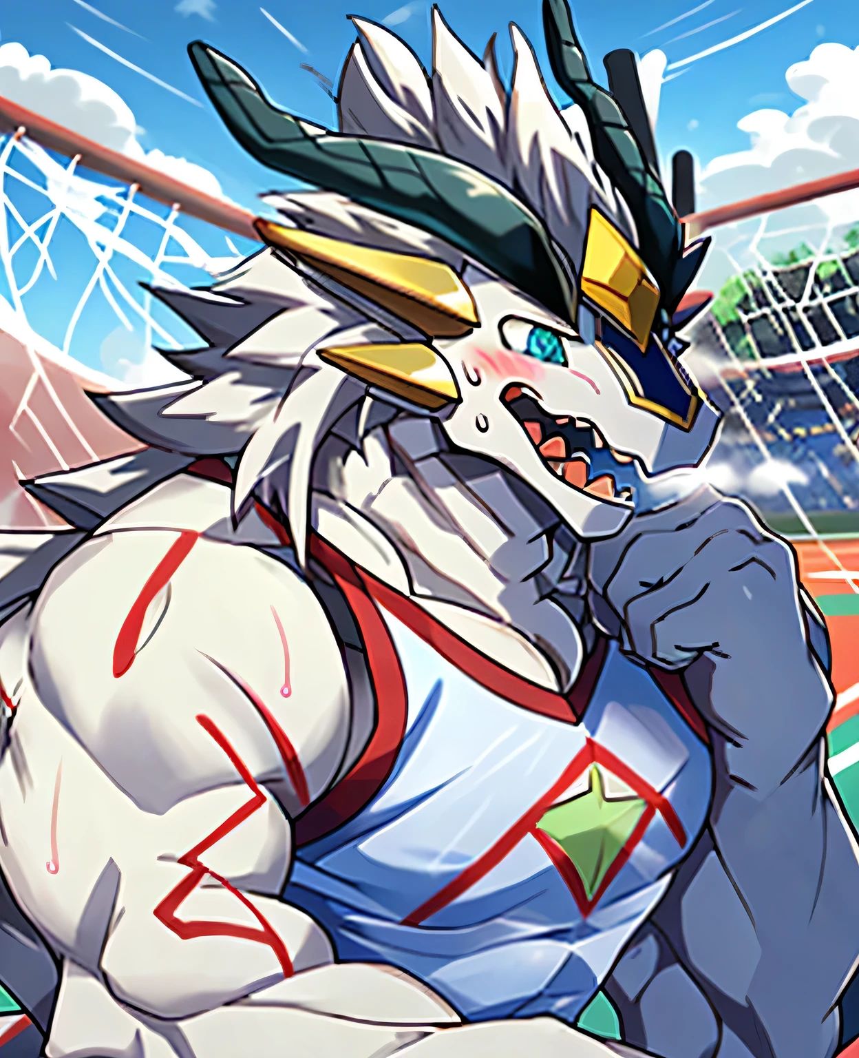 (dragon), Two-color, dragon&#39;s eyes, (muscular body:1.3), Perfect eyes, Handsome, OK,(white basketball jersey), (on the playground),(Express), sports field background,(close up),(happy eyes:1.2),look at screen,(dragon horn),(Dragon tail),Different students,A perfect masterpiece,(16K),White belly,Solitary,((Strong)),(sports field background),(Sweat),Perfect proportion,front,blush,(Wave hello，Watching you:1.5),(Basketball in hand:1.3),(Open your mouth slightly and breathe.:1.2),(close range:1.2),(clothes soaked with Sweat:1,3),Strong,muscle,more details,CG,HD，detailed，clear，high resolution