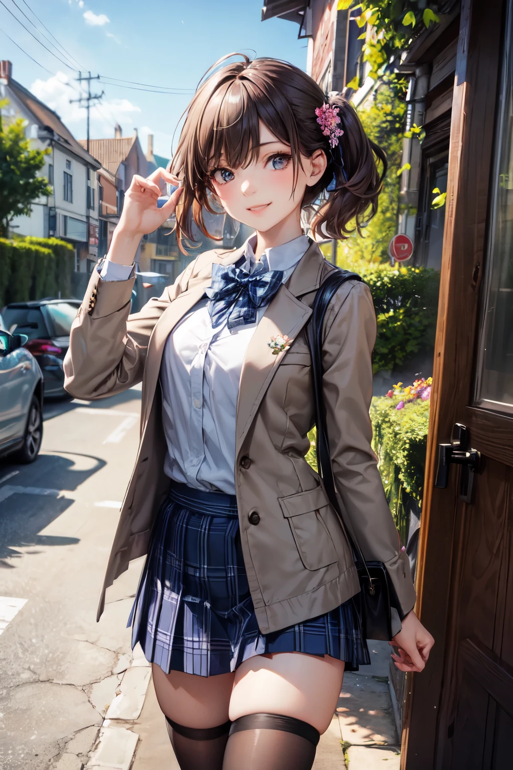 very cute and beautiful girl,teen,(highly detailed beautiful face),(smile),happy,cowboy shot,
(brown jacket:1.12),collared shirt,plaid bowtie BREAK detailed legs,zettai ryouiki,brown shoulder bag,
stylish pose,hair pin,black hair,(blue plaid mini skirt:1.2),stone gate,azalea flowers,shrubbery,
(best quality,masterpiece:1.0),absurdres,highres,ultra-detailed,extremely detailed,32k,8k resolution,
intricate details,cinematic scene,detailed background,solo,dynamic angle,
hair fluttering in the wind,beautiful detailed sky,realistic,