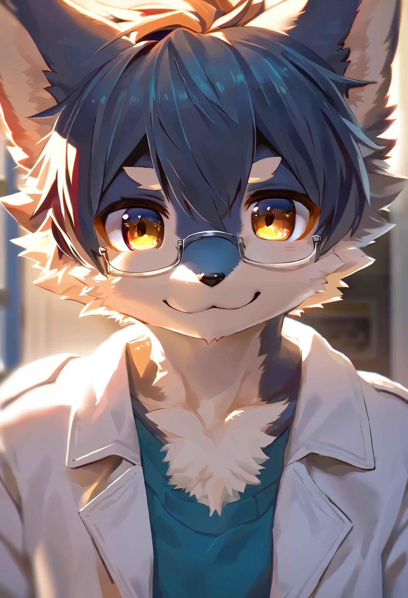 highres, paid reward available, unparalleled masterpiece, street(highly detailed beautiful face and eyes)absurdres, perfect anatomy, good lighting, volumetric lighting, cinematic shadow(angelic handsome 1boy, kemono, solo focus, single, Smiling embarrassedly, glasses)(furry anthro:1.7)(Furry body, dog facial features, dog body features)(very detailed body fur)Handouts((college professor))Dirty lab coat, class, Difficult formulas, white board,