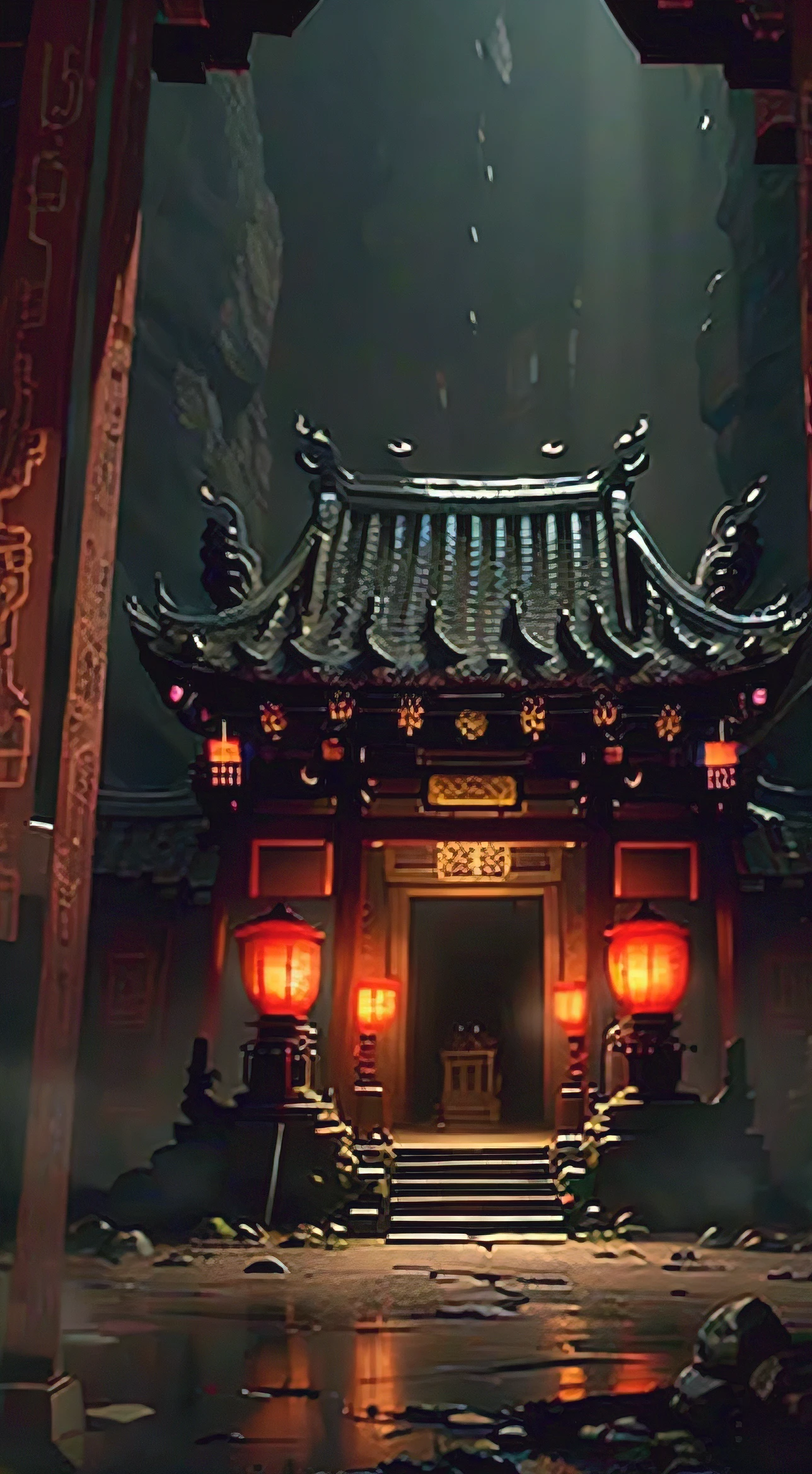 Spooky cave，Dark environment，Chinese architectural style，Dilapidated temple，Humid environment，Dark sky