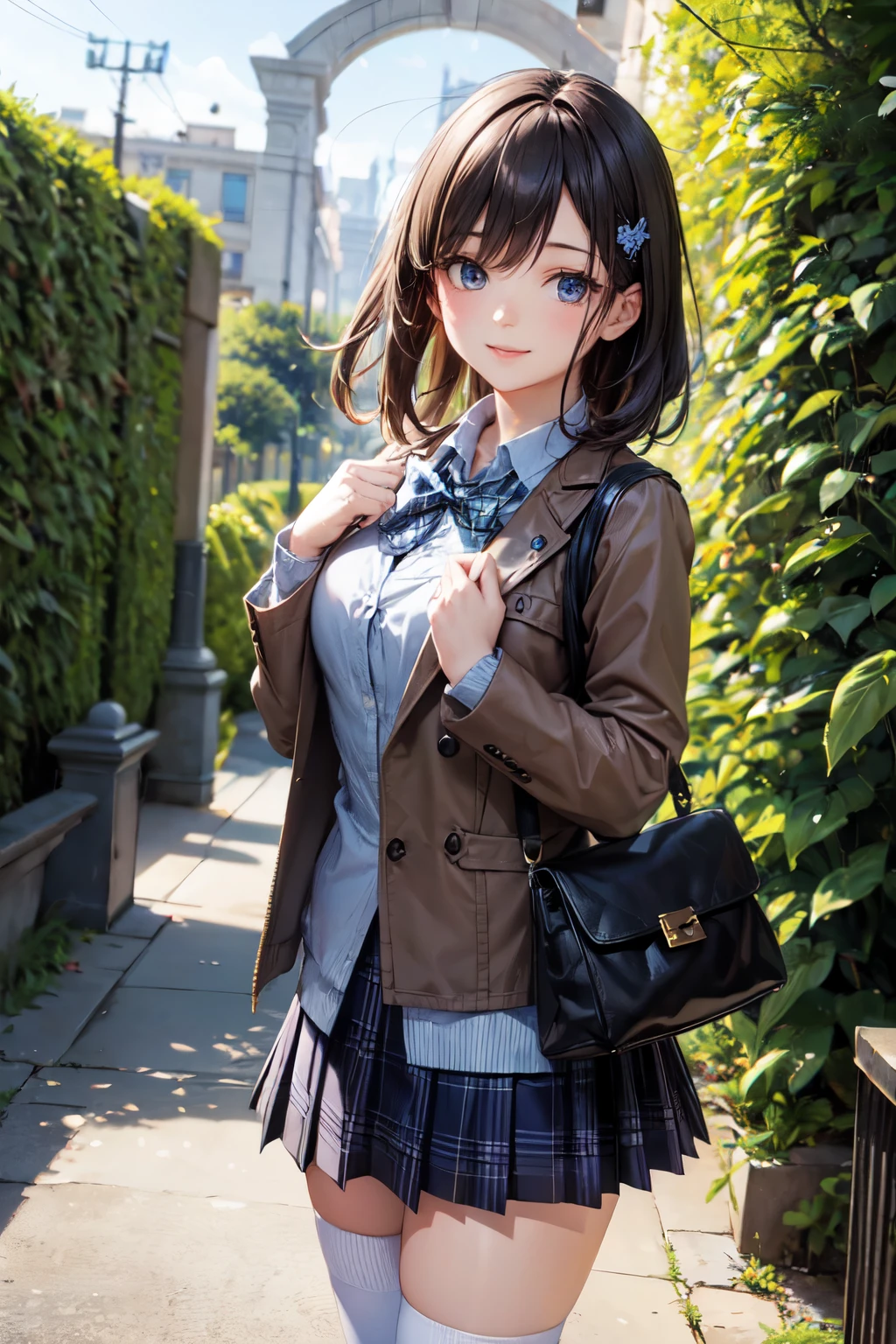 very cute and beautiful girl,(highly detailed beautiful face),(smile),happy,cowboy shot,
(brown jacket:1.12),collared shirt,plaid bowtie BREAK detailed legs,zettai ryouiki,brown shoulder bag,
stylish pose,hair pin,black hair,(blue plaid mini skirt:1.2),stone gate,azalea flowers,shrubbery,
(best quality,masterpiece:1.0),absurdres,highres,ultra-detailed,extremely detailed,32k,8k resolution,
intricate details,cinematic scene,detailed background,solo,dynamic angle,
hair fluttering in the wind,beautiful detailed sky,realistic,