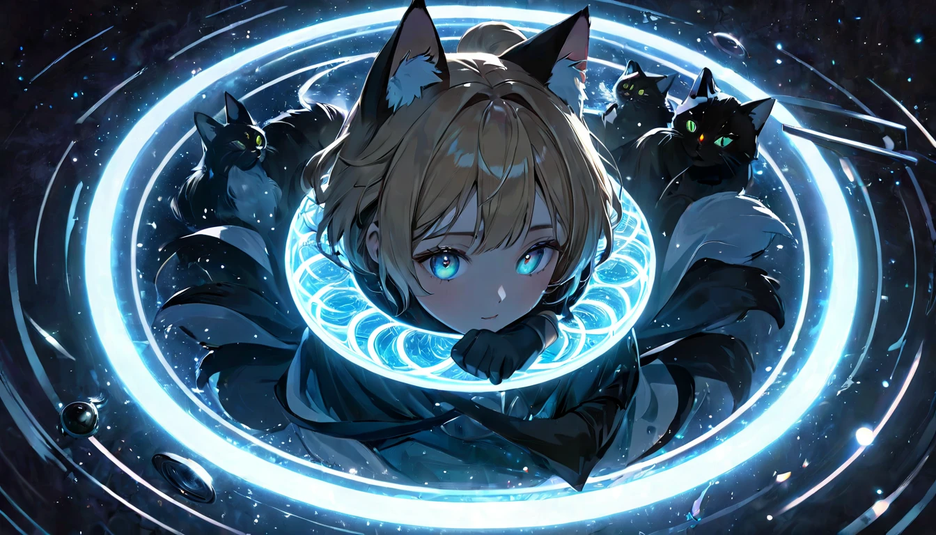 (masterpiece, best quality, very aesthetic, absurdres,general) , destroy,Cat ear,clear eyes,artificial intelligence,Glowing magic circle,(Shining old woman:0.1)