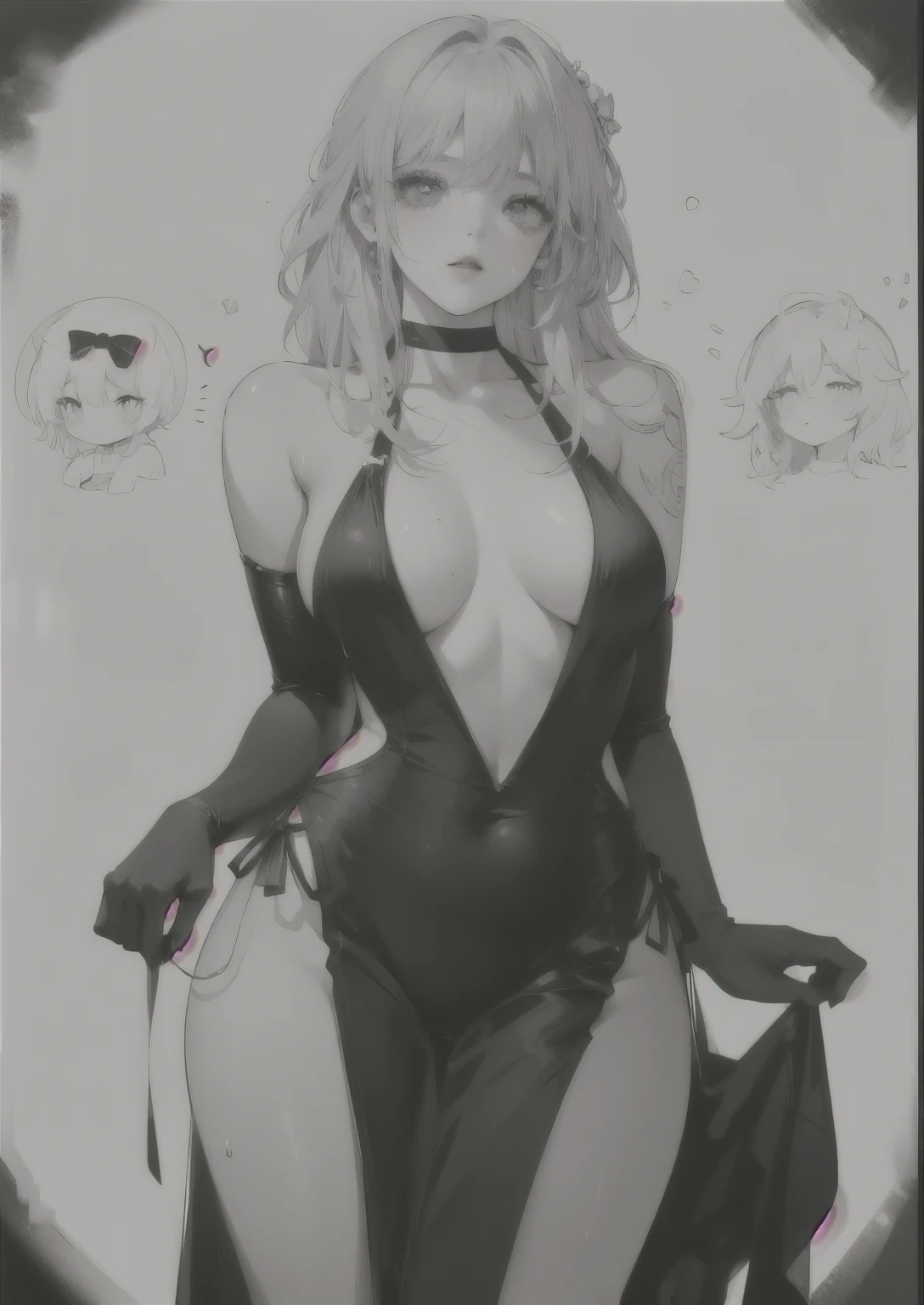 (explicit content warning) [(Masterpiece: 1.1, Best quality: 1.1), shy seductive girl in revealing dress showing off, emphasis, panties, sheer, slightly 0.8 blue hair, wet, kiss marks on her body. Long and elegant hair. Two woman kissing her.