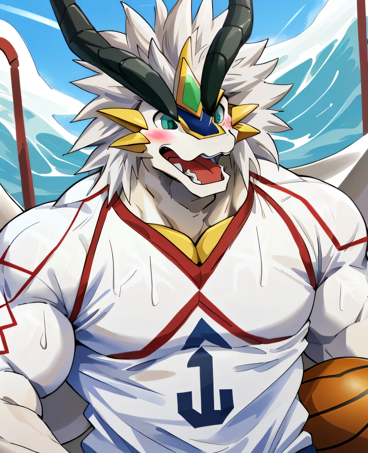 (dragon), Two-color, dragon&#39;s eyes, (muscular body:1.3), Perfect eyes, Handsome, OK,(white basketball jersey), (on the playground),(Express), sports field background,(close up),(happy eyes:1.2),look at screen,(dragon horn),(Dragon tail),Different students,A perfect masterpiece,(16K),White belly,Solitary,((Strong)),(sports field background),(Sweat),Perfect proportion,front,blush,(Wave hello，Watching you:1.5),(Basketball in hand:1.3),(Open your mouth slightly and breathe.:1.2),(close range:1.2),(clothes soaked with Sweat:1,3),Strong,muscle,more details,CG,HD，detailed，clear，high resolution