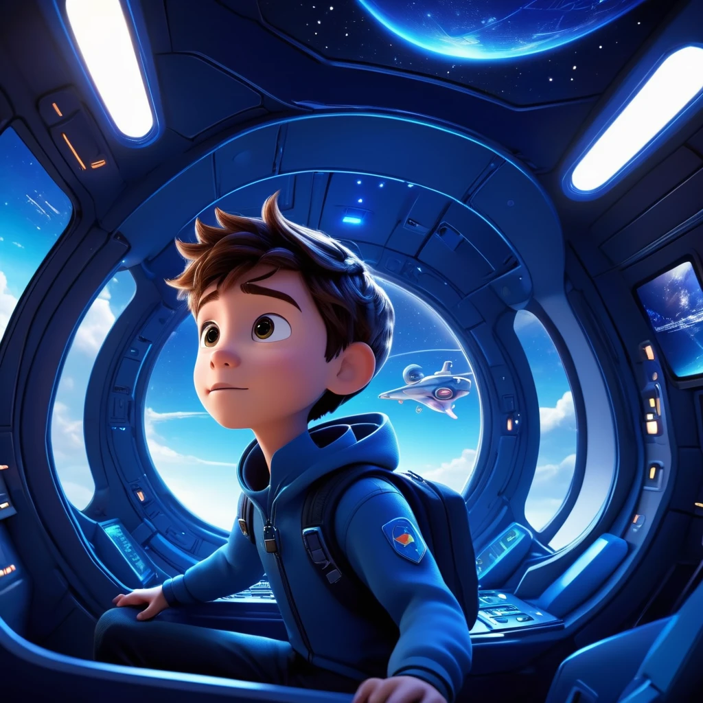 Alex, a young traveler,  in his spaceship flying in the sky of the virtual cyberspace world (a bit dark blue with network looking like sky) - in a Disney Pixar movie style and the camera view from outside of the spaceship need to have the whole spaceship with Alex inside - more cartoon and animation 