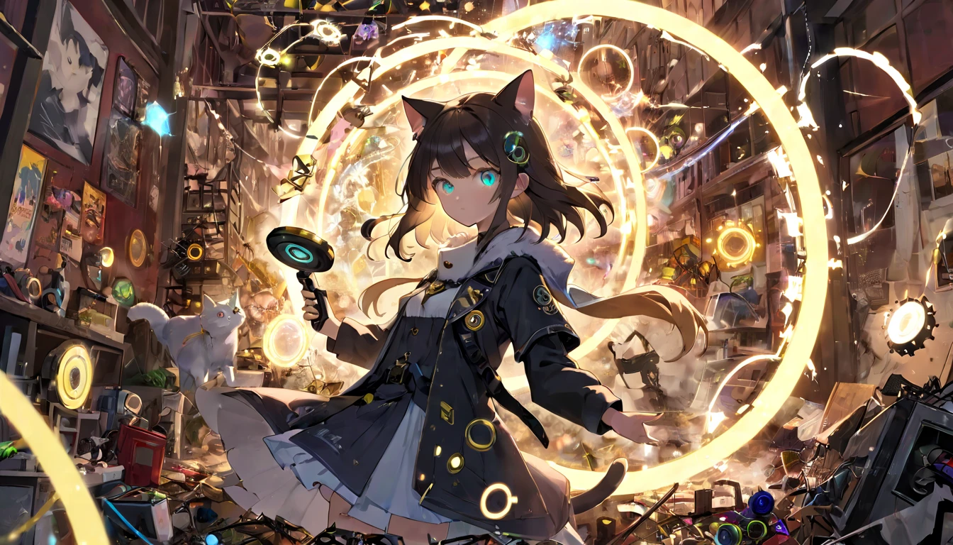(masterpiece, best quality, very aesthetic, absurdres,general) ,(1girl:2), destroy,Cat ear,clear eyes,artificial intelligence,Glowing magic circle,Throwing things around, (piles of mechanical junk:0.2), junk, (chaos:2.5)