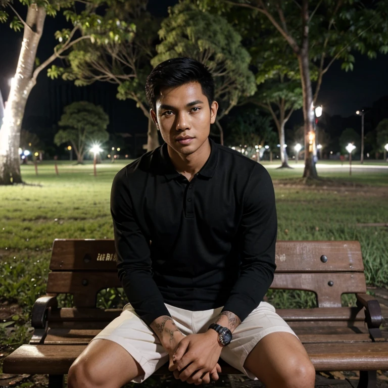Handsome Indonesian boy sitting in a dark park