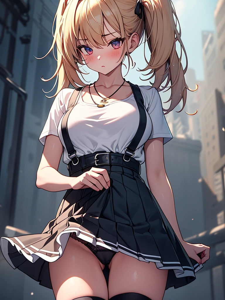 (highest quality, High resolution, perfect pixel, Depth of bounds written, 4K), detailed eyes, (from below), (1 girl), perfect body, large breasts, blond hair, (side ponytail), white t-shirt, (v-neck), (black suspender skirt), necklace, (kneehighs), (standing), (hand on chin:1.2), (skirt lift), side tie panties, (looking up), blush, embarrassed,