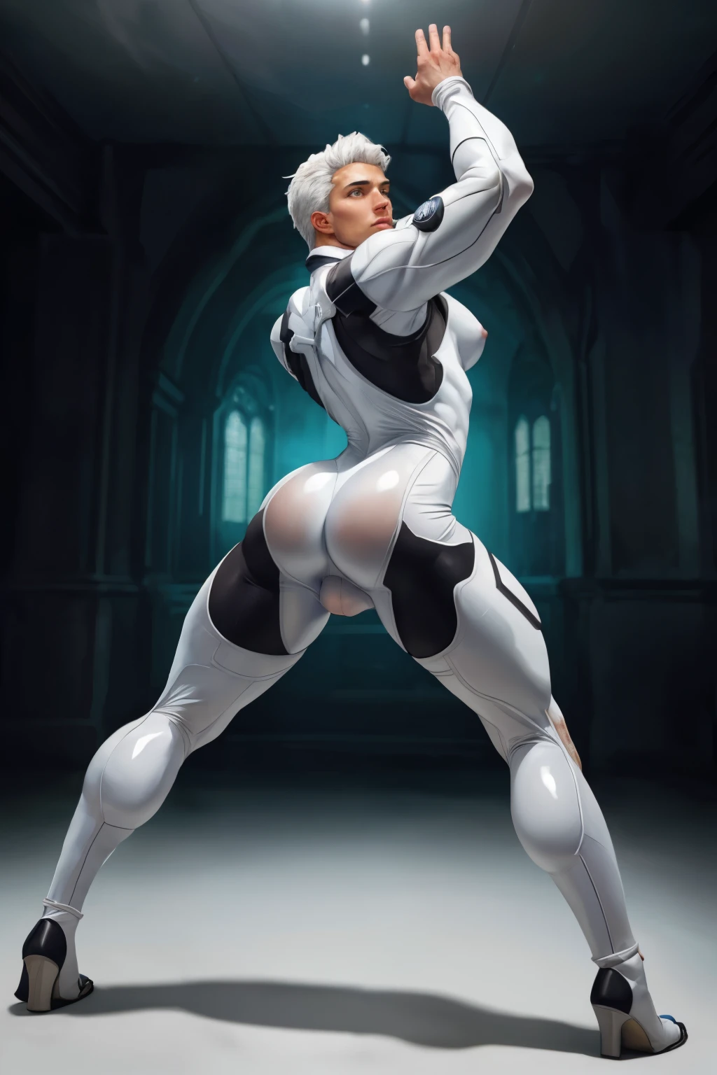 artistic painting of a man, clad in a ((translucent white bodysuit:1.2)), full body, symmetrical, adorned with delicate ornaments, amidst a backdrop of futuristic architecture bathed in natural daylight, intricate hyperrealism, volumetric lighting, architectural photography, professional ominous concept art, by artgerm and greg rutkowski, an intricate, elegant, highly detailed digital painting, concept art, smooth, sharp focus, illustration, in the style of simon stalenhag, wayne barlowe, and igor kieryluk, symmetrical, realistic, cinematic, best quality, detailed background, depth of field, intricate details, big booty, looking over the shoulder, (double cheeked up), white hair, dynamic pose, dynamic angle, fat ass, (large pectorals), (puffy nipples)