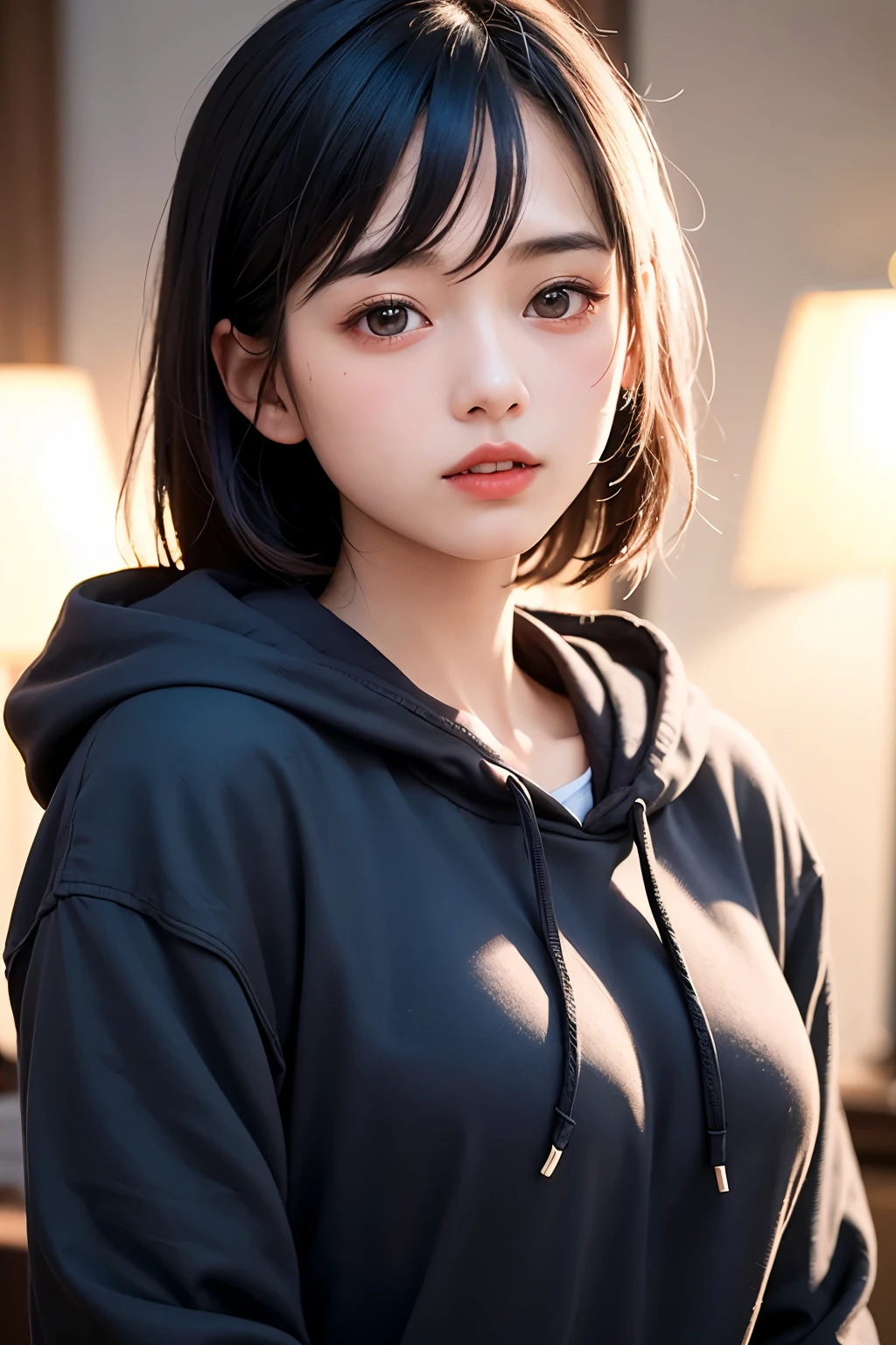 (1 nogizaka girl,raw photo,photo realistic:1.5),(best quality, high quality,HDR, highest quality,ultra high resolution,high resolution,high res,ultra high difinition,huge file size,8K,2K wallpaper,8K wallpaper,high quality texture,amazing,an extremely delicate:1.4),one girl, Japanese idol,beautiful face,small face,absurd,ridiculous,incredibly ridiculous,portrait,breasts close up,blurry background,(hoodie,no makeup:1.2),medium skin,beautiful skin,detailed skin,small head,black hair,silky hair,detailed eyes,black eyes,idol eyes,Japanese nose,5-fingers,(eyebrow:-0.5),(Light Particles, Lens Flare, Luminous Particles: 0.7),looking at viewer,bright lighting,professional lighting,girl