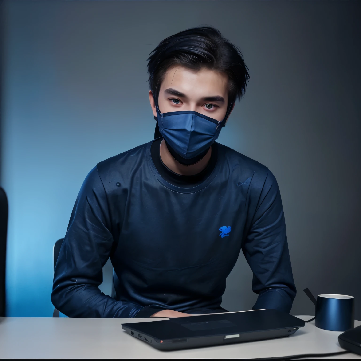 A litte man 21 year old sitting at a desk with a laptop and microphone, face mask with black color, blue color full shirt blue means blue, talking in microphone, Twitch streamer, Twitch streamer/gamer Ludwig, realistic anime, drawn,