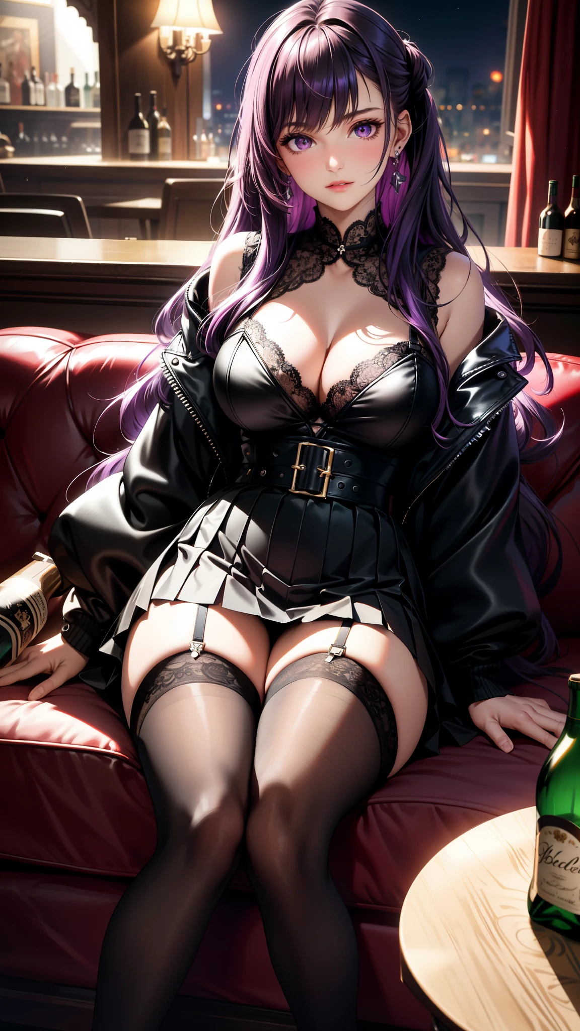 (best quality:1.1), (Masterpiece:1.2), high quality light, beautiful details, Beautiful face, detailed eyes, depth of field, high resolution, best shadow, best light, 1 girl, see the audience, shiny purple hair, smooth, blunt, long hair, (wavy hairstyle), pink eyes, shy, very big breasts, pump, Lace underwear, black leather jacket coat, black leather skirt, Lift up your skirt and open it., Lace panties* table, mirror, liquor bottle, night time, rift, pub bar background, sexy, cool, throw, Cool ,Ear jewelry, Sitting with legs spread apart, sofa, black stockings, Open your mouth slightly.