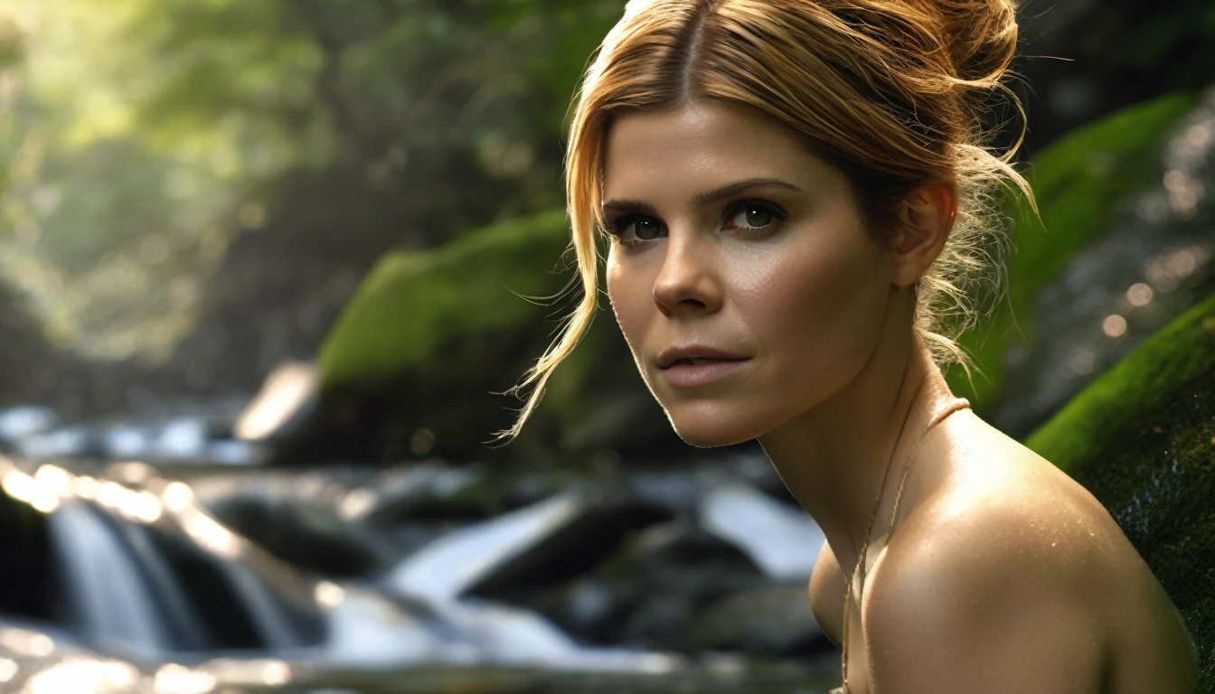 (best quality,4k,8k,highres,masterpiece:1.2),ultra-detailed,(realistic,photorealistic,photo-realistic:1.37), Kate Mara is a forest nymph, she is washing herself at a waterfall. sultry, seductive, brave and revealed, viewed head on, she knows she is being watched and enjoys it