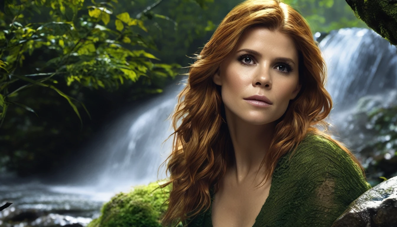 (best quality,4k,8k,highres,masterpiece:1.2),ultra-detailed,(realistic,photorealistic,photo-realistic:1.37), Kate Mara is a forest nymph, she is washing herself at a waterfall. sultry, seductive, brave and revealed, viewed head on, she knows she is being watched and enjoys it