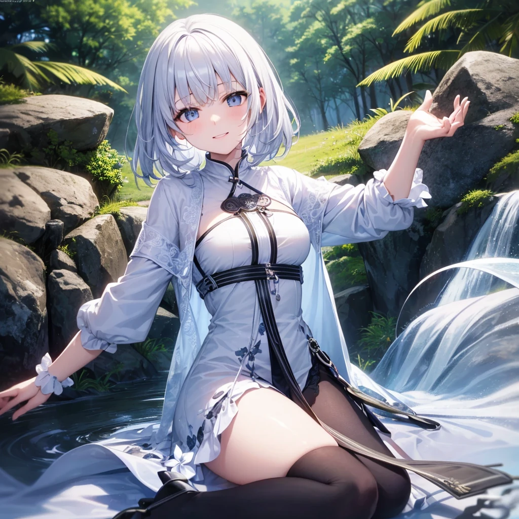 Ultra-high resolution, Japanese anime style, gray-haired girl, wet with water, translucent clothing, flowing waist-length hair, slender body, beautiful lines, picture ratio 19.5:9 The sun shines high Behind you is an abandoned city A little immersion in the water on your knees Aqua blue eyes