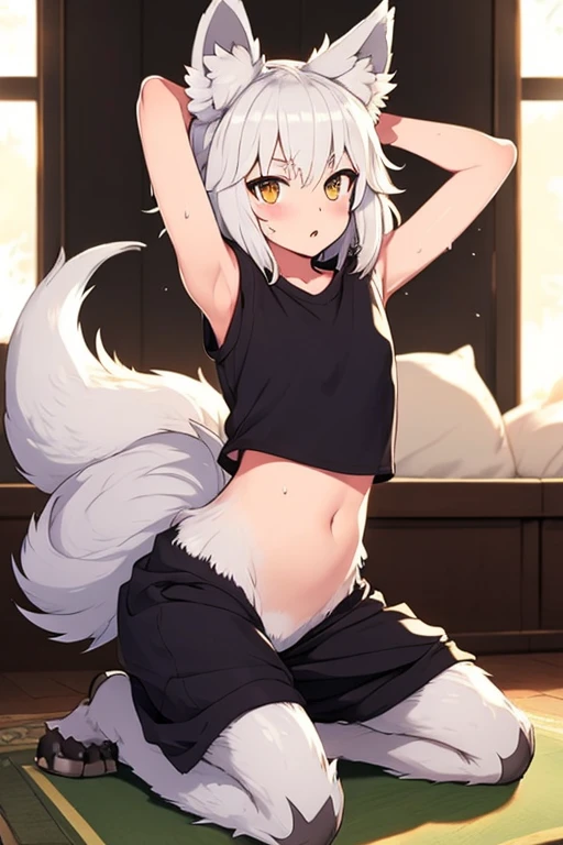 wolf girl、adult、2 Men Arms、Four wolf legs、Quadrupedal、delicate、Delicate face、wolf ears、Silvery white hair and body hair、Flat chest、T-Shirts、(exposure of the abdomen)、Sweat、Ultra HD