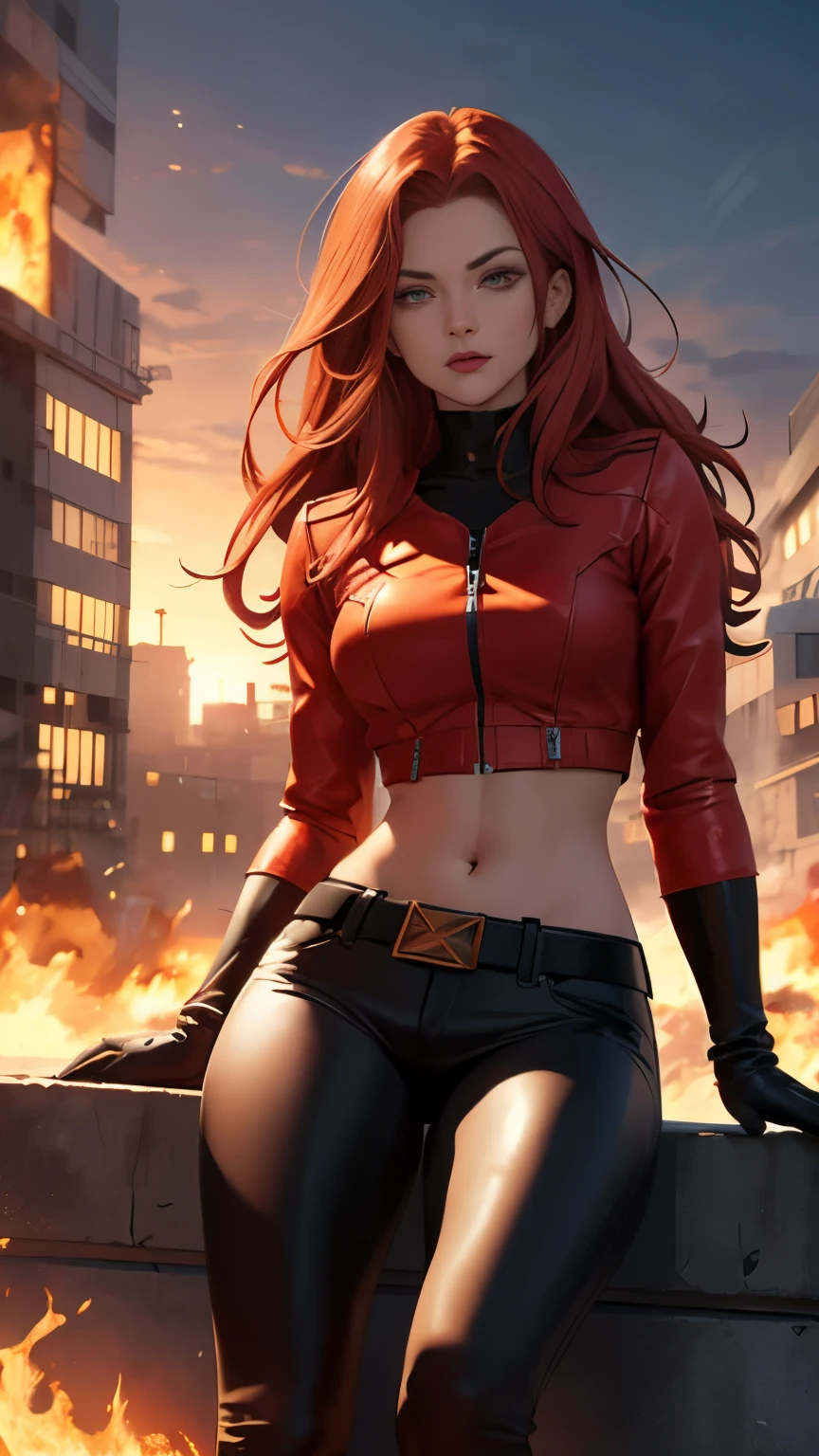 (Highly quality, masterpiece, detailed), burning city detailed scenario, burning city detailed background, jean-grey, belt, red leather crop top jacket, unzip, black top shirt, gloves, Phoenix symbol on chest, red leather pants, sitting on top of a building, navel, perfect face, beautiful eyes, looking at the viewer, Sexy pose