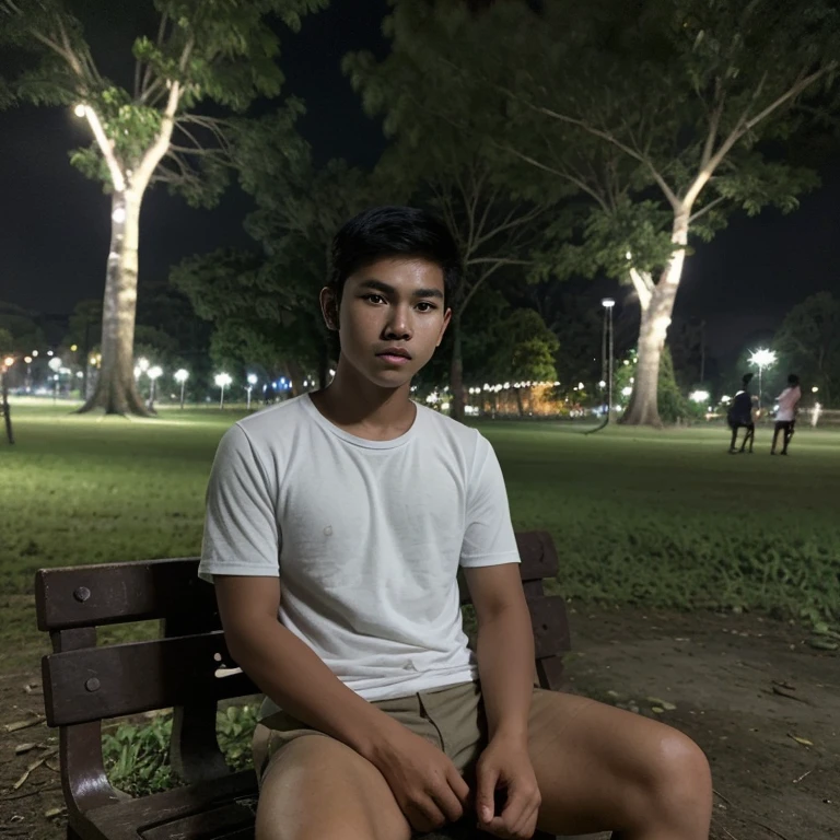 Handsome Indonesian boy age of 18 sitting in a dark park