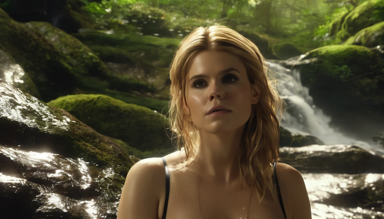 Bamboo forest, a confused and embarrassed nude woman (Kate Mara, age 25, panicked, nude, covering herself as best she can with twigs and leaves) is in a spotlight being cast down on her from a hovering UFO, assorted clothes float down from the UFO. flapping in the wind, night
