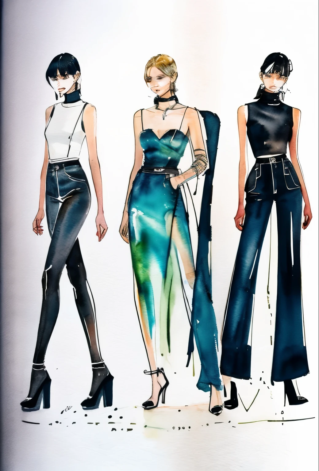 Fashion illustrations by Miyuki Morimoto, Masterpiece、Cold look、Beauty、Line drawing sketch,Stylish cut, artistic,Scribble style,Clear, bold, thick outlines, fashion design sketch, female,Slim tail,Rough coloring, watercolor painting,Top models walking in Paris