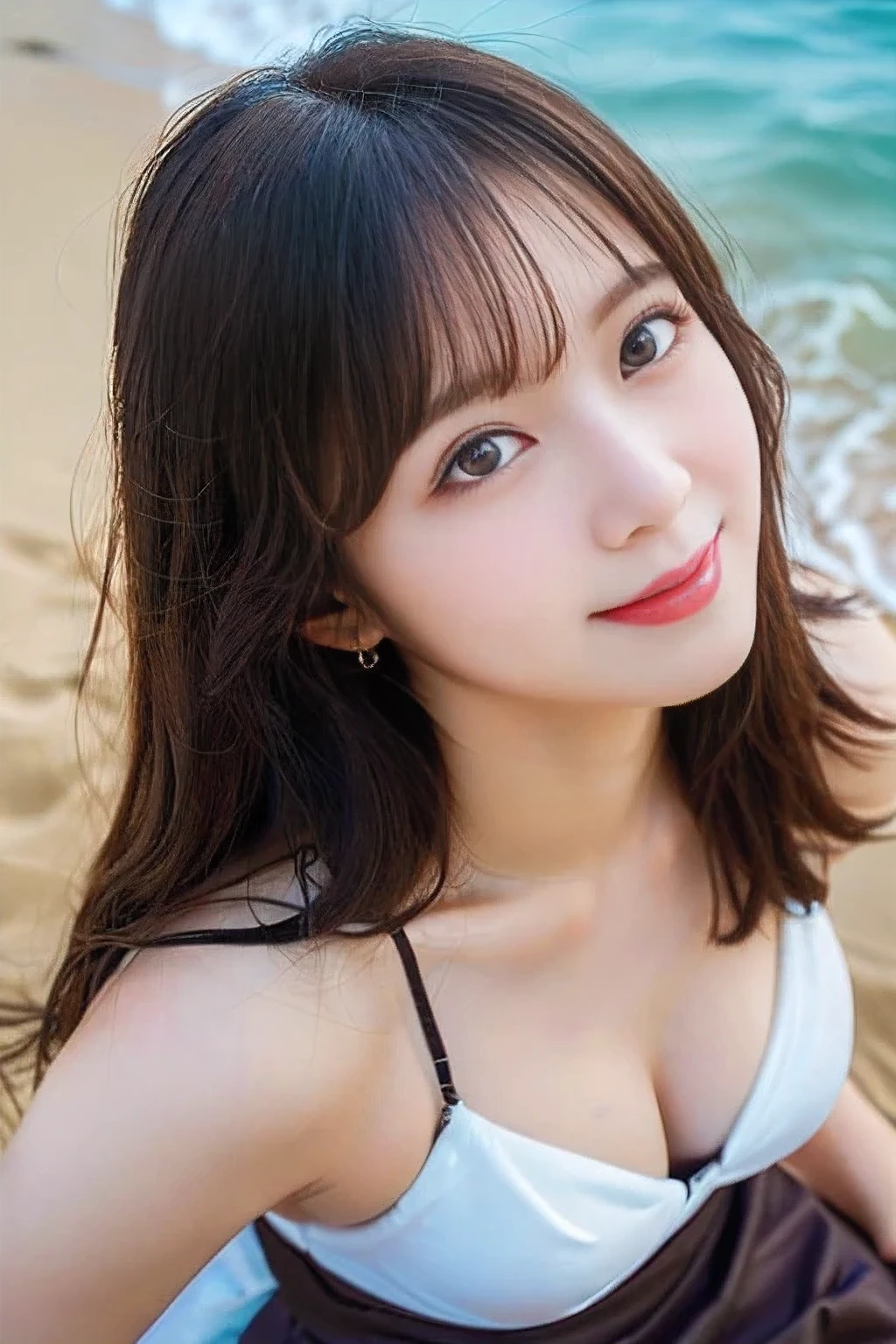 (masterpiece:1.5), (best quality:1.5), (ultra detailed:1.5), (detailed beautiful face and eyes:1.5), background of Beach, (learning forward:1.4), (looking up:1.4), from above, 1girl, smile, brown long hair, (Skirt-style-bikini:1.3),