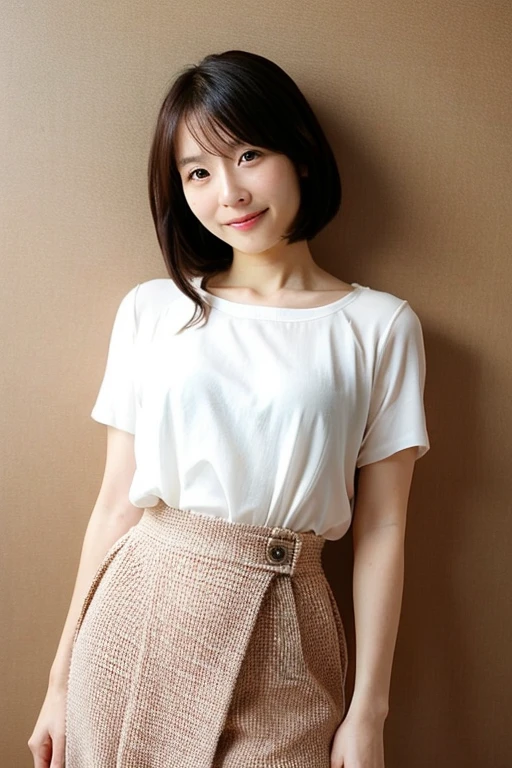 (8K, RAW Photos:1.2), Detailed face and eyes,最high quality, Ultra-high resolution, Very detailed ,Intricate details ,Tabletop ,pretty girl , Soft cinematic light, Hyper Detail,Sharp focus, high quality, Brown Hair,((Bobcut))、(Straight bangs)、Promenade、 ((See-through T-shirt))、(Pleated skirt)、”dwarf”、(Full Body Shot)、Waist、(I can see your thighs)、Cowboy Shot、 smile、