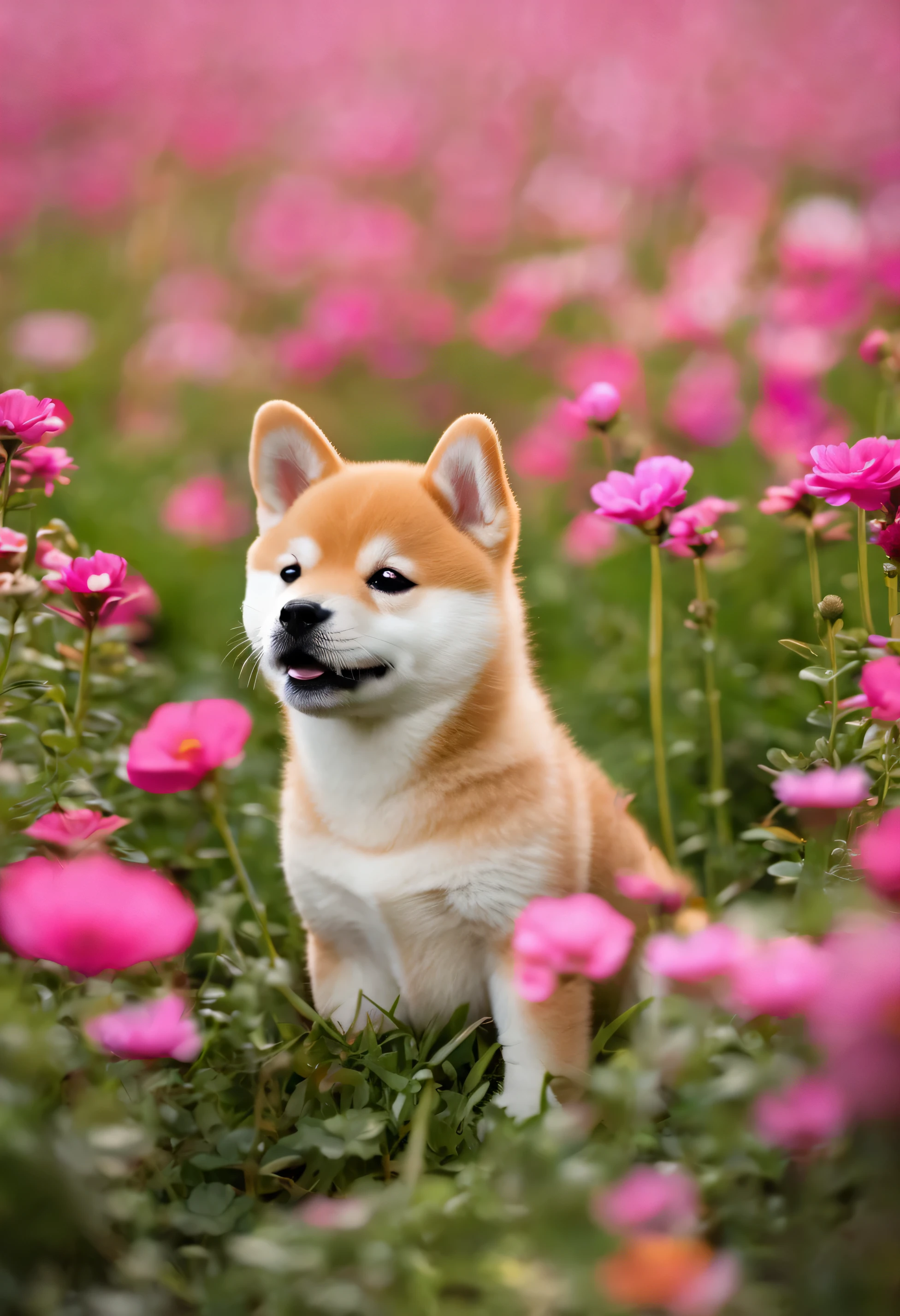 shiba inu puppy in a flower field