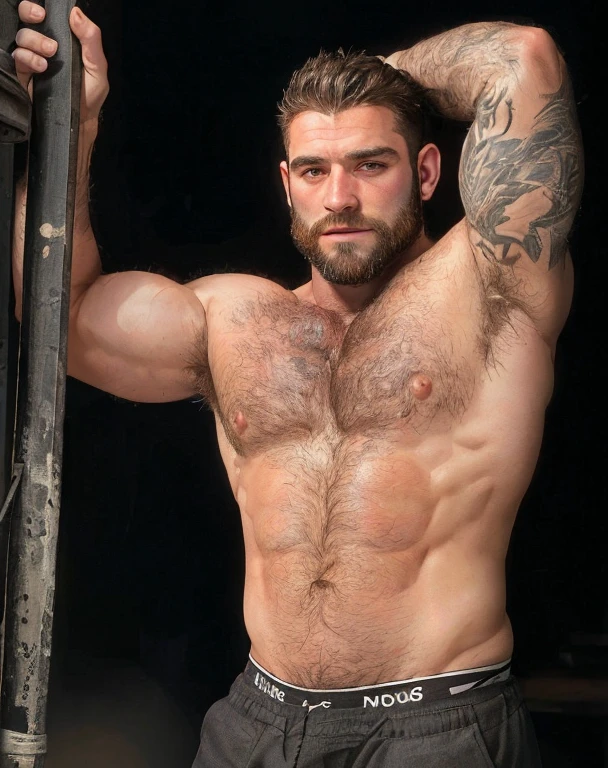 arafed man with tattoos on his chest and arms hanging from a pole, robust stocky body, 30 year old man :: athletic, hairy chest, hairy bodies, hairy chest and hairy body, hairy arms, bearded and built, hairy body, very hairy bodies, bare hairy chest, hairy torso, strong masculine features, furry chest, manbearpig, hairy hot man, beefy and little chubby man