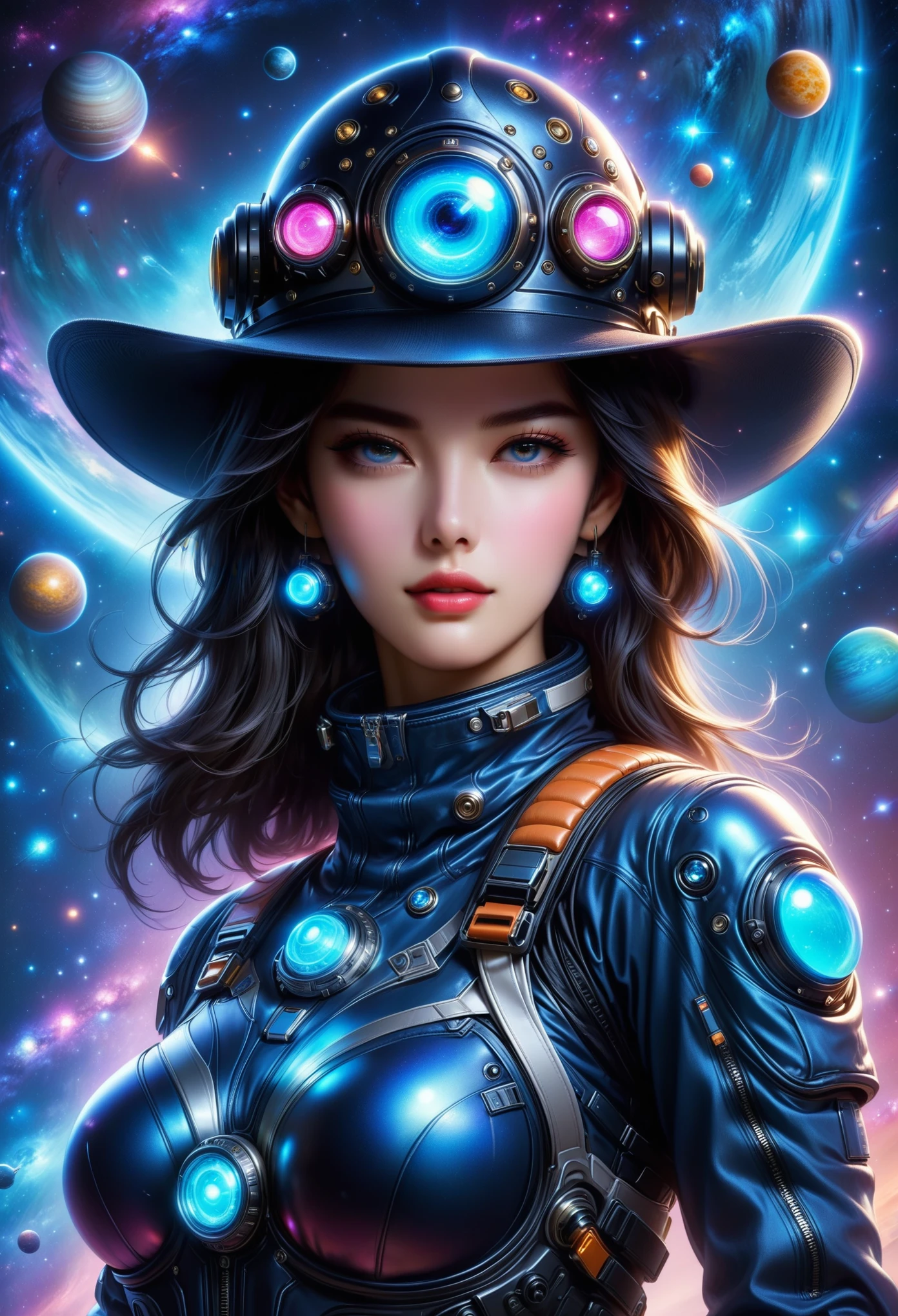 Cowboy Galaxy Squad，1 male，1 female，group photo，Exquisite eyes，Space suits inspired by denim，Cowboy hat子，Denim space suit，Cowboy hat：1.5，Cool，Luminescence，mechanical，gear，Galaxy Planet Background，