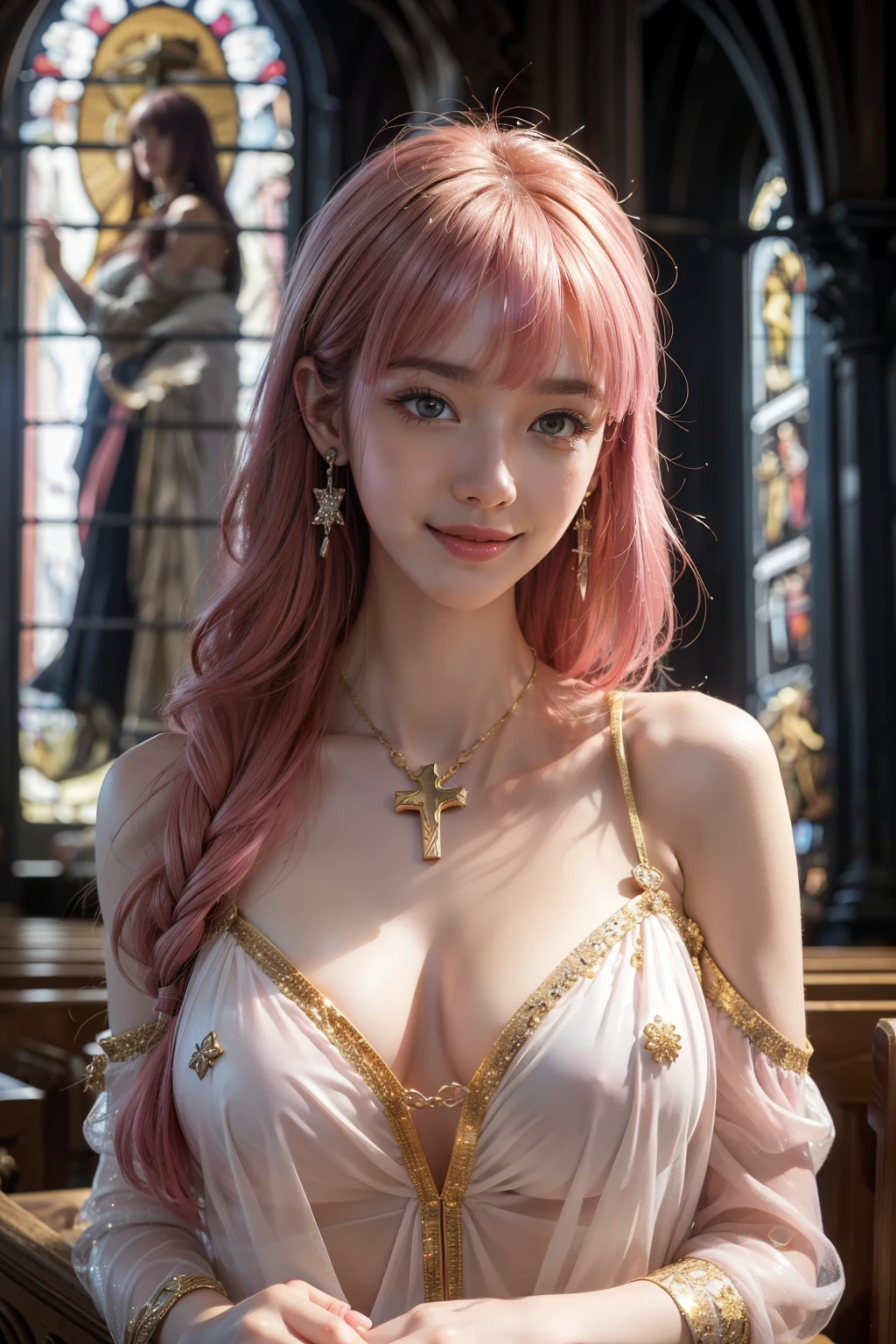 (HighestQuality, 8K,32k,masterpiece, UHD:1.2),Highly detailed CG Unity 8K wallpaper,intricate details,Raw photo,(realistic:1.4),atmosphere,ultra high resolution,genuineistic,genuine,Huge_file size,incredibly absurd,(in the center:1.3),ultra illustration,(Super detailed),dramatic lighting,different colors,written boundary depth,art:Krenz Kushart,golden hour lighting,Photographed with Canon EOS,SIGMA art lens 35mm F1.4,ISO200 Shutter speed 2000,blurred background,
break,
1 girl,(smile:1.4),because I'thin,(Straight long hair with see-through bangs,:1.4),alone,18 year old Japanese beauty, (church,Angel costume, full wide open chest, bare shoulders:1.5),(pink hair:1.5),((brown eyes)),largechest,chest, Soft white skin that shines in every detail,pale skin,very beautiful face,very well-shaped face,natural and realistic face,Highest,fine and beautiful eyes,impressive, Big eyes,fine eyes, smile, smile with your mouth closed, detailed mouth,lip details,glossy beautiful lips,glossy lips,simple earrings,necklace,jewelry, alone focus,low neckline,
break,
light from the front,nice,Are standing,sensual expression, break,
(Dutchangle:1.4),looking at the viewer,
break,Tzuyu,Yui Aragaki,