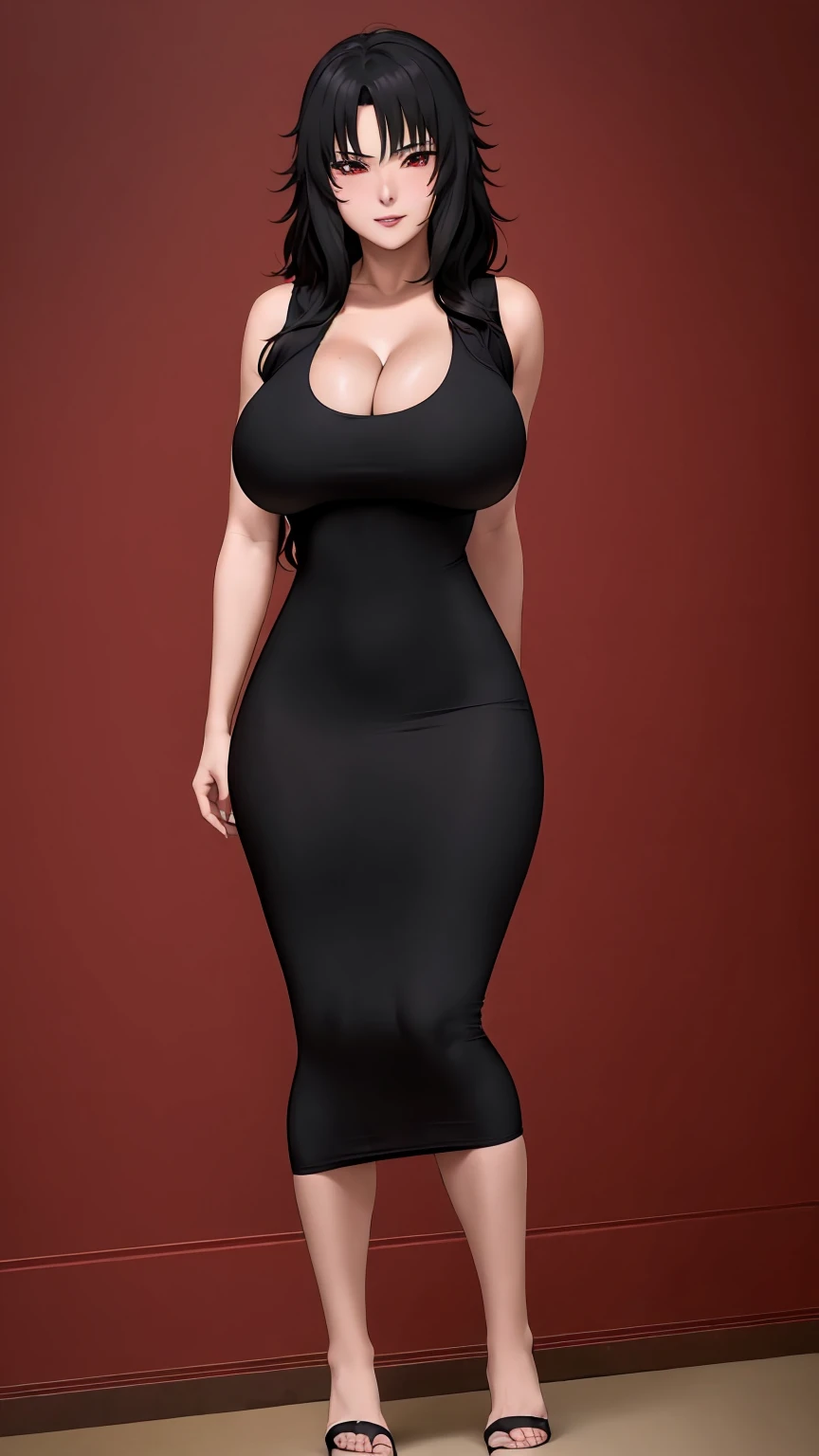 masterpiece, best quality, extremely detail 8k cg, high resolution, 1girl, kurenai yuhi, black hair, red eyes, slim body, huge breasts, bursting breasts, black tee shirt dress, sleeveless, cleavage, seductive face, indoors, bedroom, beautiful face, full shot photo, full body