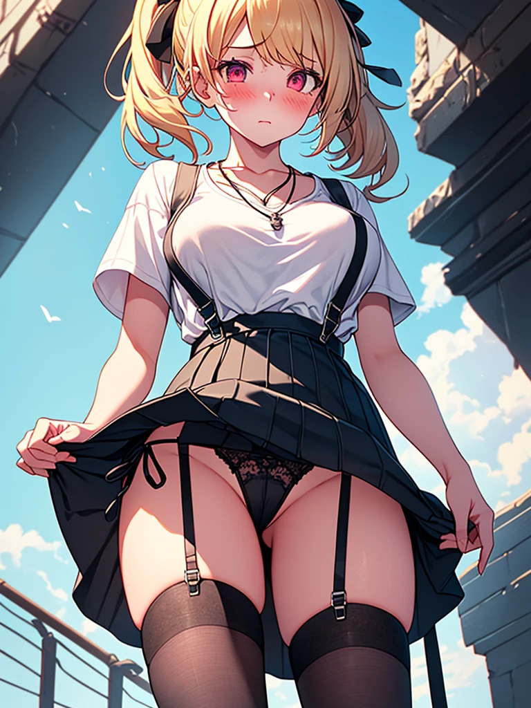 (highest quality, High resolution, perfect pixel, Depth of bounds written, 4K), detailed eyes, (from below), (1 girl), perfect body, large , blond hair, (side ponytail), white t-shirt, (v-neck), (black suspender skirt), necklace, (kneehighs), (standing), (skirt lift), side tie pantiesing up), blush, embarrassed,