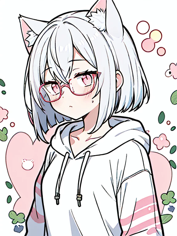 best quality, masterpiece, 1 girl, loli, upper body, hairs between eyes, female, pink eyes, long hair, small breasts, glasses, bob cut, expressionless, wink , cat ears, white hair, silver hair, streaked hair,hoodie, murder, long bangs