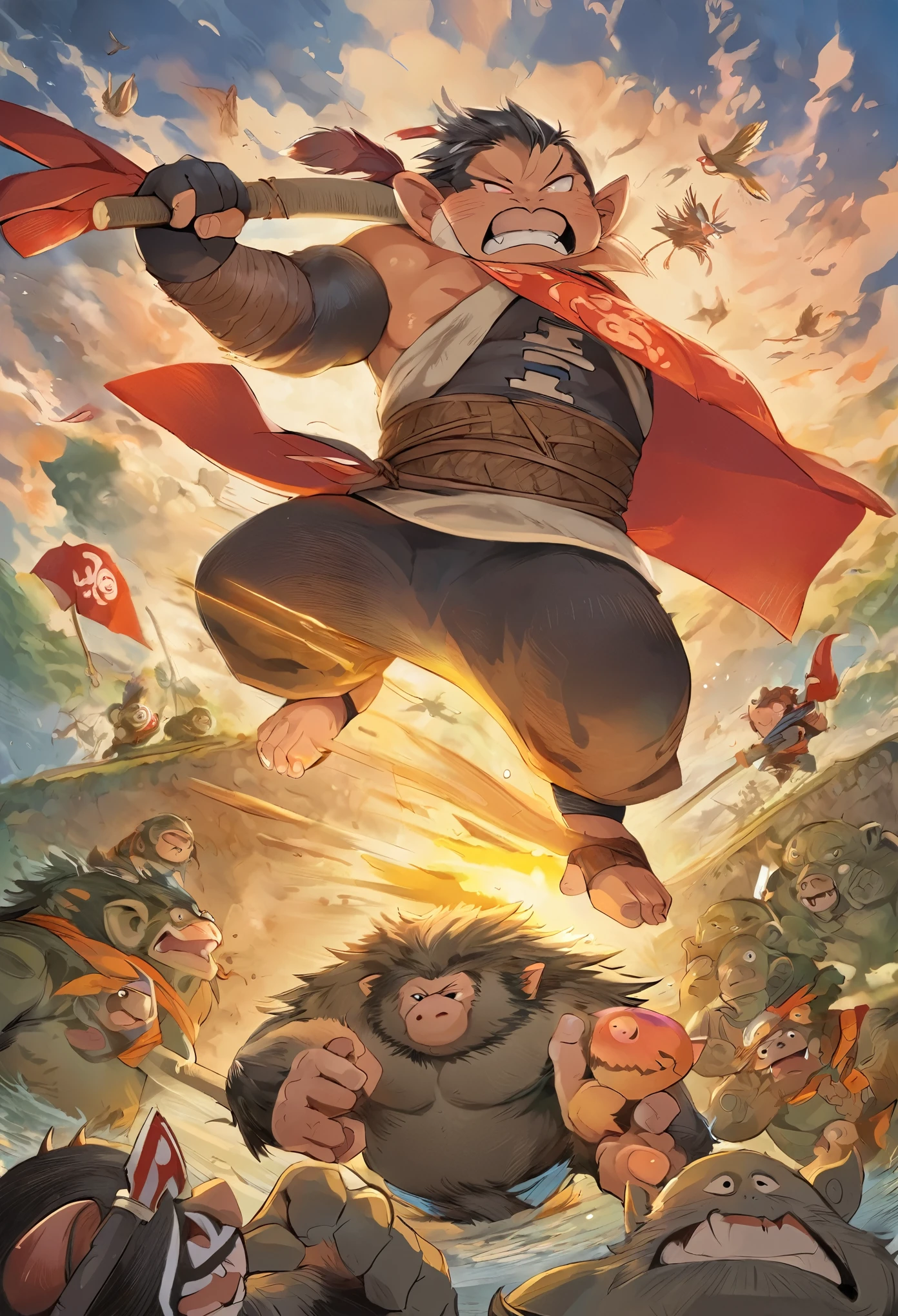 (masterpiece, top quality, best quality)dynamic scene from the Japanese folktale 'Momotaro', showing Momotaro fighting alongside his animal companions, a dog, a monkey, and a pheasant, against the ogres, The scene should be set on the Ogre Island, with Momotaro wearing traditional Japanese warrior clothing, holding a flag with the peach emblem, The animals should be actively participating in the battle, and ogres should appear menacing but not too scary, suitable for a children's book illustration, The style should be vibrant and detailed, capturing the energy and bravery of the legendary tale,