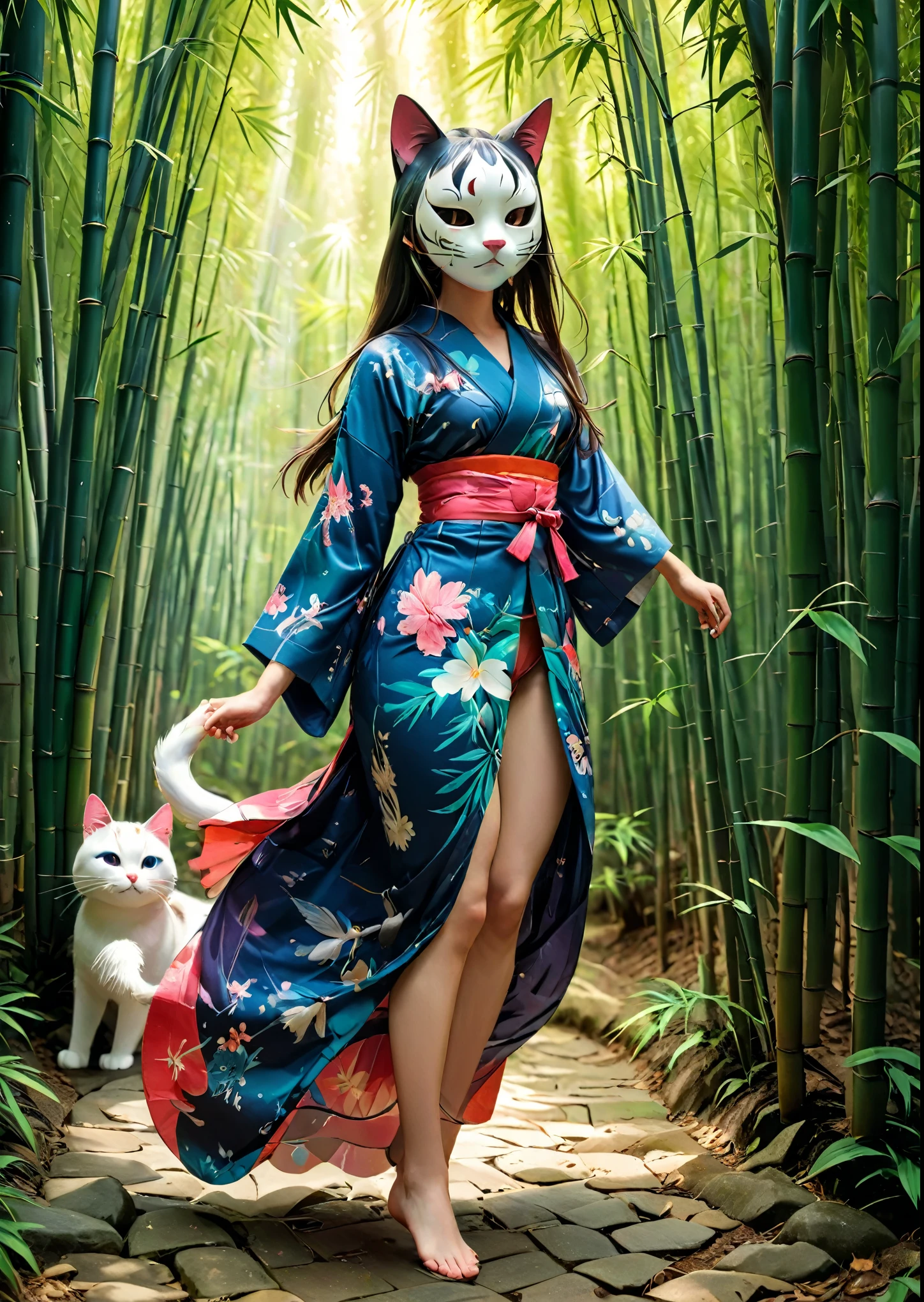 Girl wearing a Japanese-style cat mask、japanese girl、wearing a yukata、Smooth long hair with bangs、Inside the bamboo forest、Complex colors, Art Me、Actual photo、High definition、Detailed、whole body