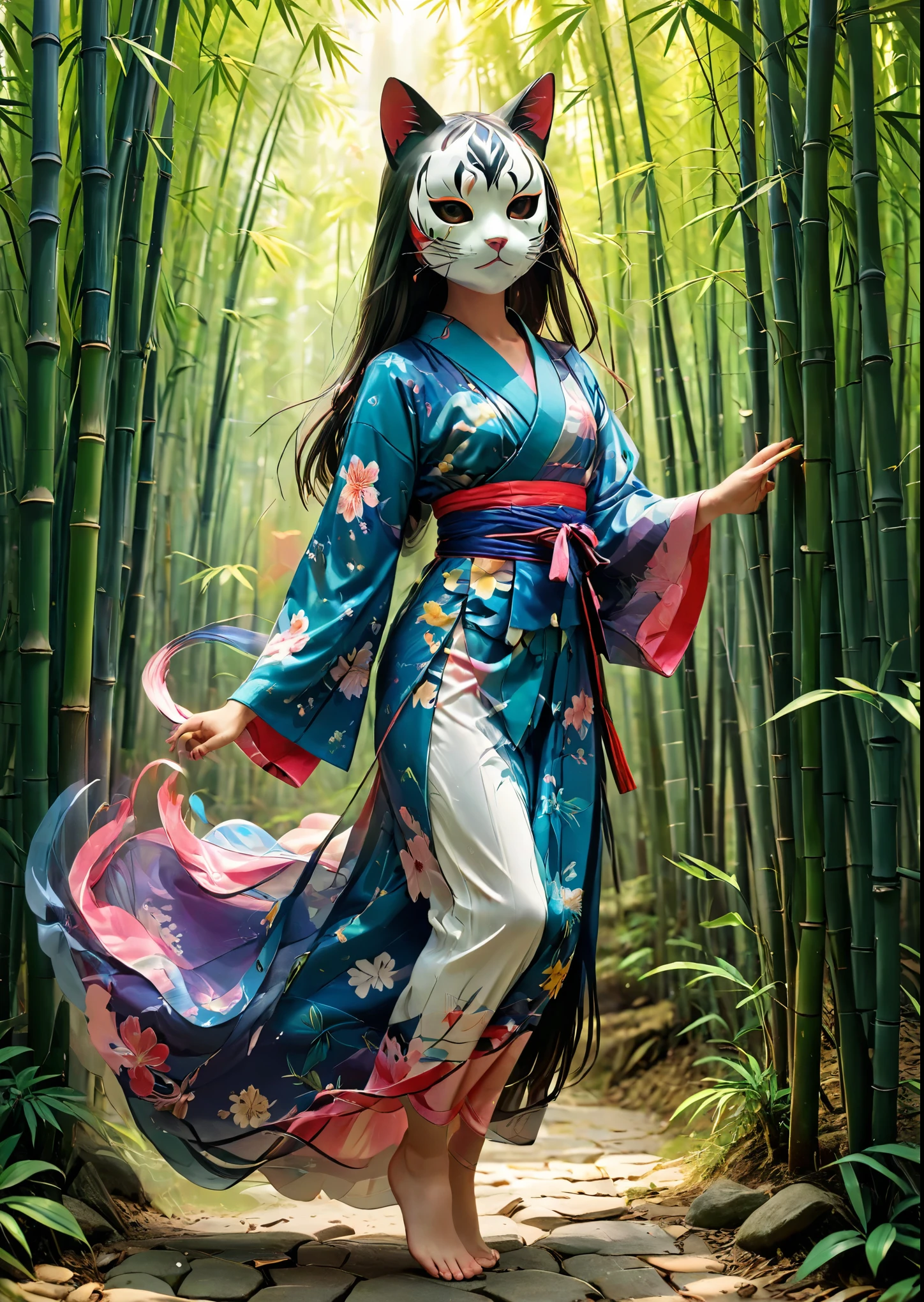 Girl wearing a Japanese-style cat mask、japanese girl、wearing a yukata、Smooth long hair with bangs、Inside the bamboo forest、Complex colors, Art Me、Actual photo、High definition、Detailed、whole body