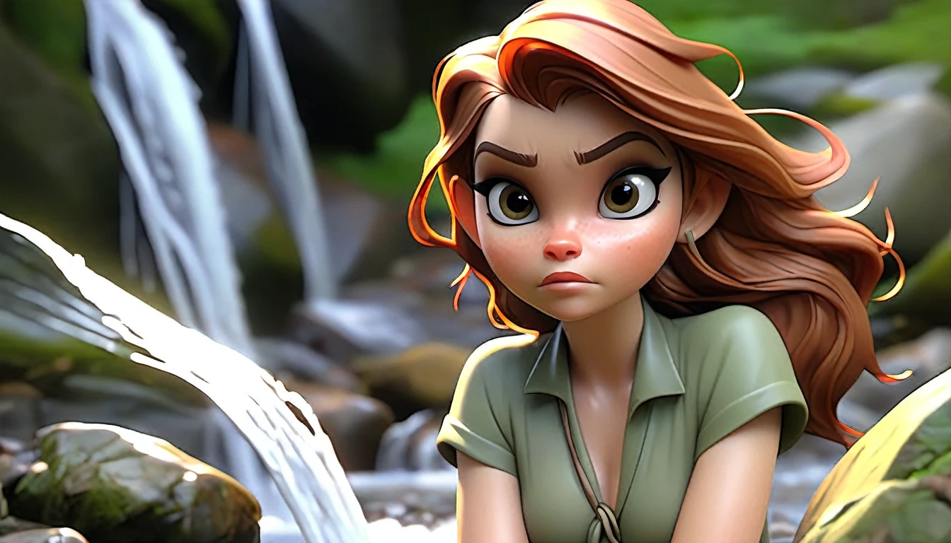 (safe for work, tease not sleaze) (best quality,4k,8k,highres,masterpiece:1.2),ultra-detailed,(realistic,photorealistic,photo-realistic:1.37), Kate Mara is a forest nymph, she is washing herself at a waterfall. sultry, seductive, brave and revealed, viewed head on, she knows she is being watched and enjoys it