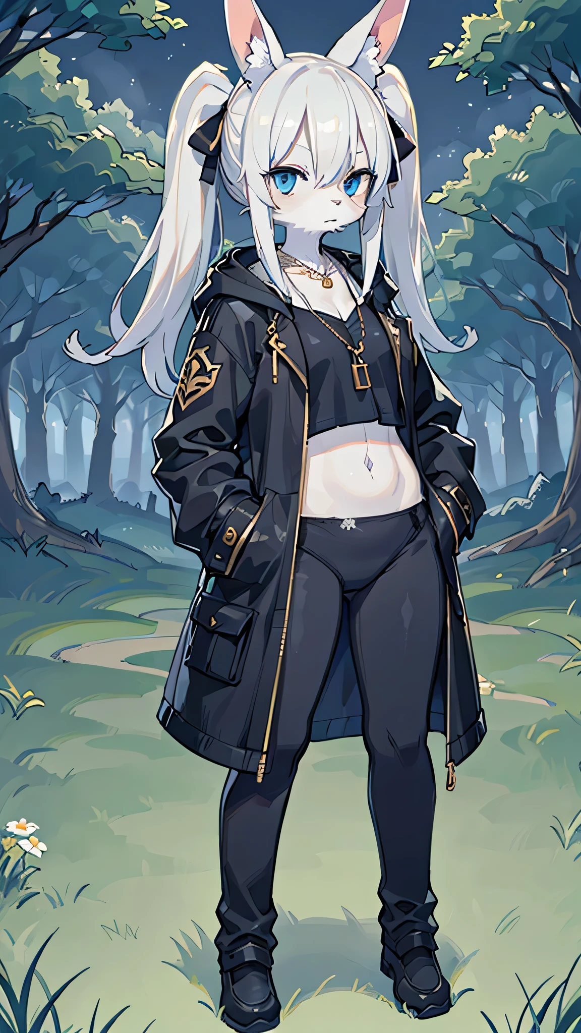 (masterpiece, highest quality), Intricate details, 8k, White rabbit ears, whole body, one woman, Blue eyes, Slender figure, grassland, anime, Tall, White Hair, black coat, White trousers, furry, in the middle, Expressionless, Golden necklace, Twin tails, Are standing, Hands in pockets, stomach, Black clothes, Look to the right