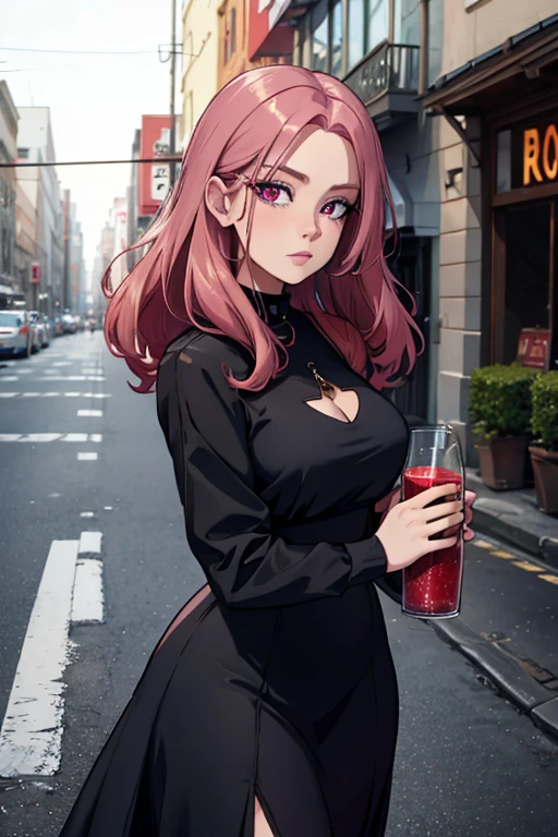 A pink haired woman with violet eyes and an hourglass figure in gothic dress is walking with a red haired woman with red eyes with an hourglass figure in red dress in the street